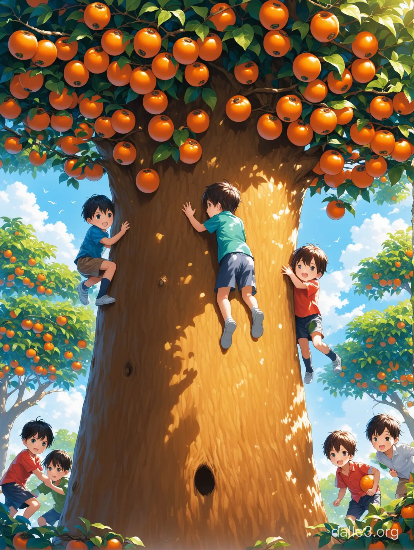 Boys and girls play hide and seek on the big persimmon tree.