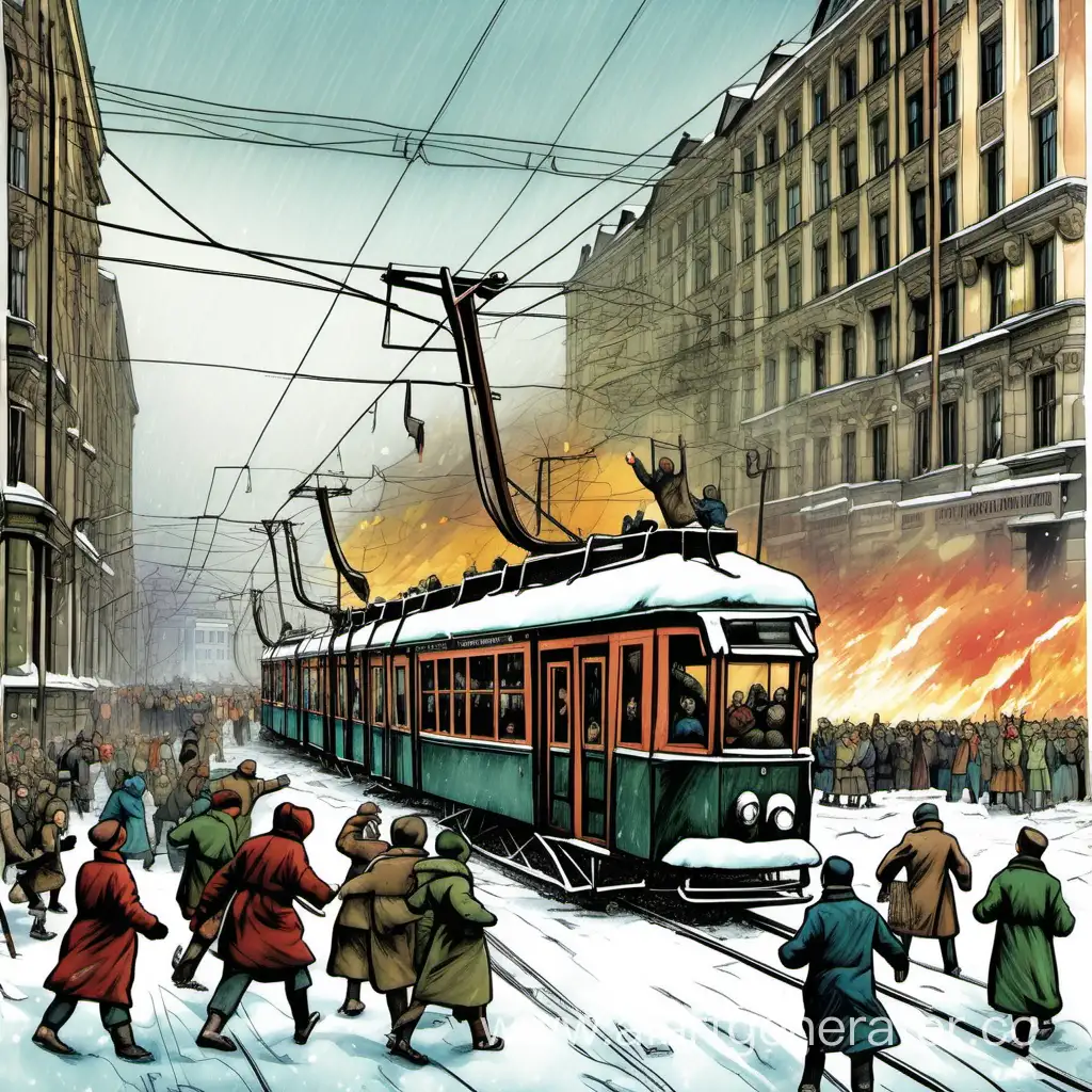 графический рисунок трамвая блокады ленинграда зимой в цвете, в городе с разрушенными домами и радостными людьми которые кричат ура