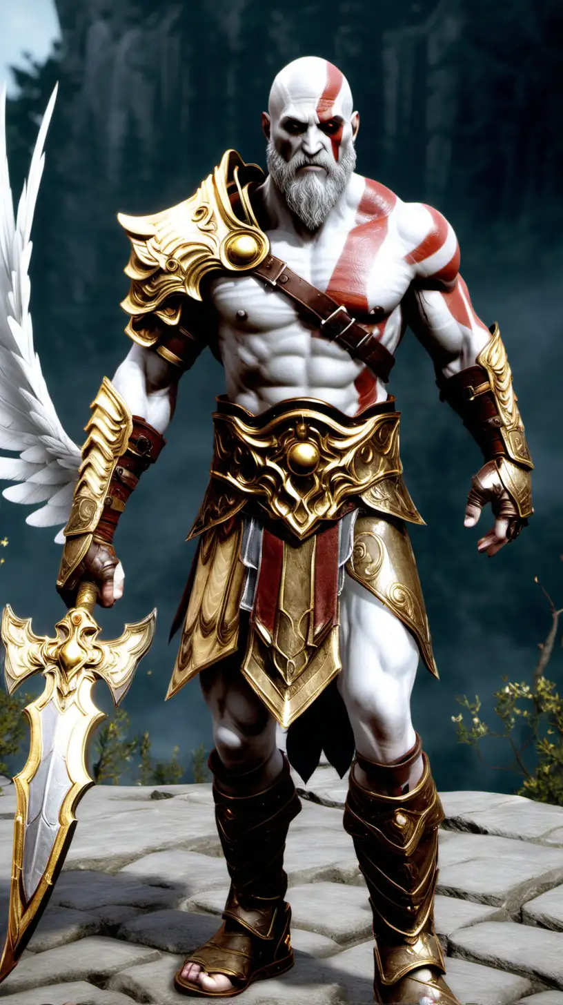Kratos wears white and gold Angel Armor