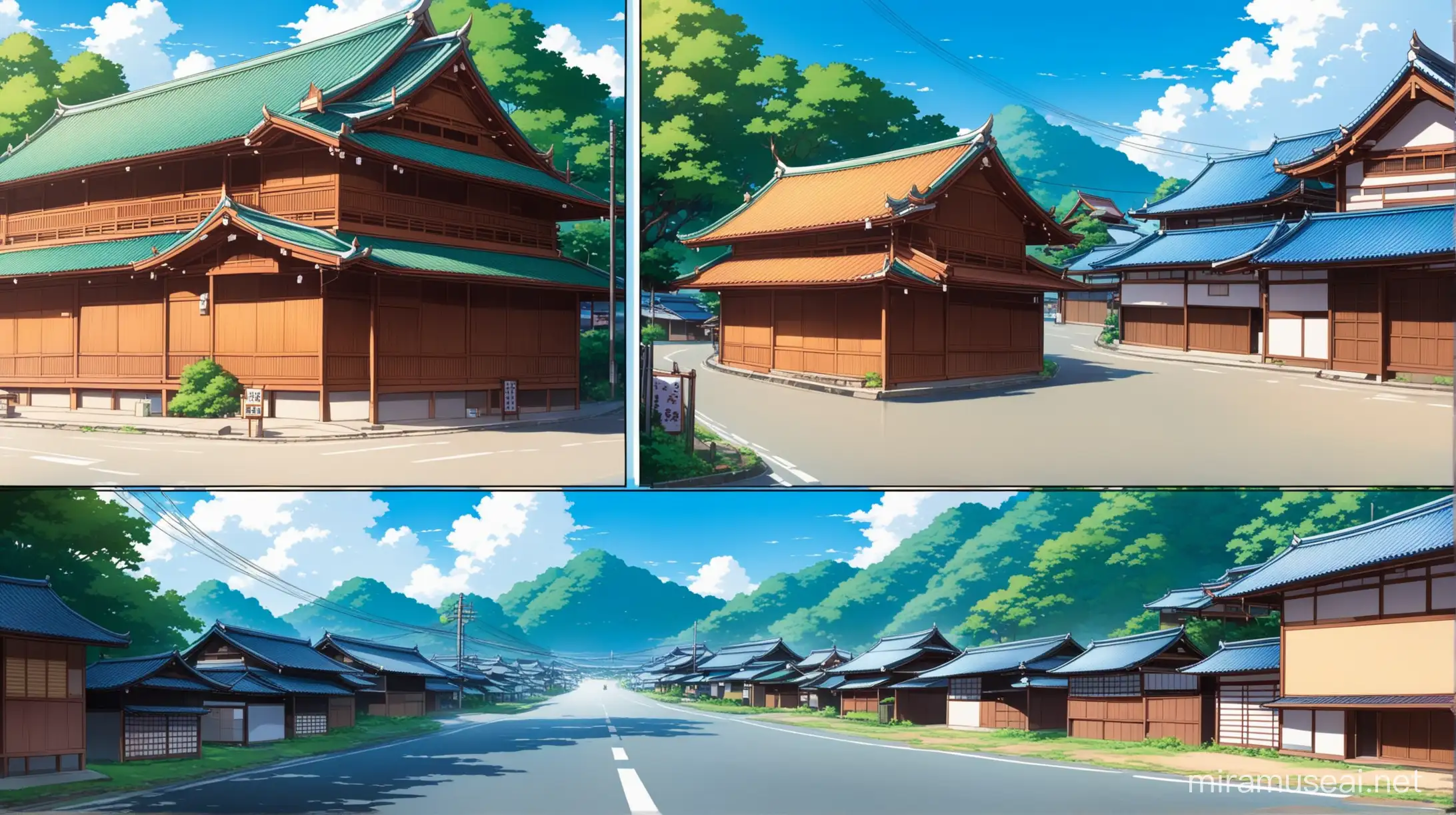 The picture on the left is a market in Thailand. In the middle is a road. The picture on the right is a house in Japan. anime style