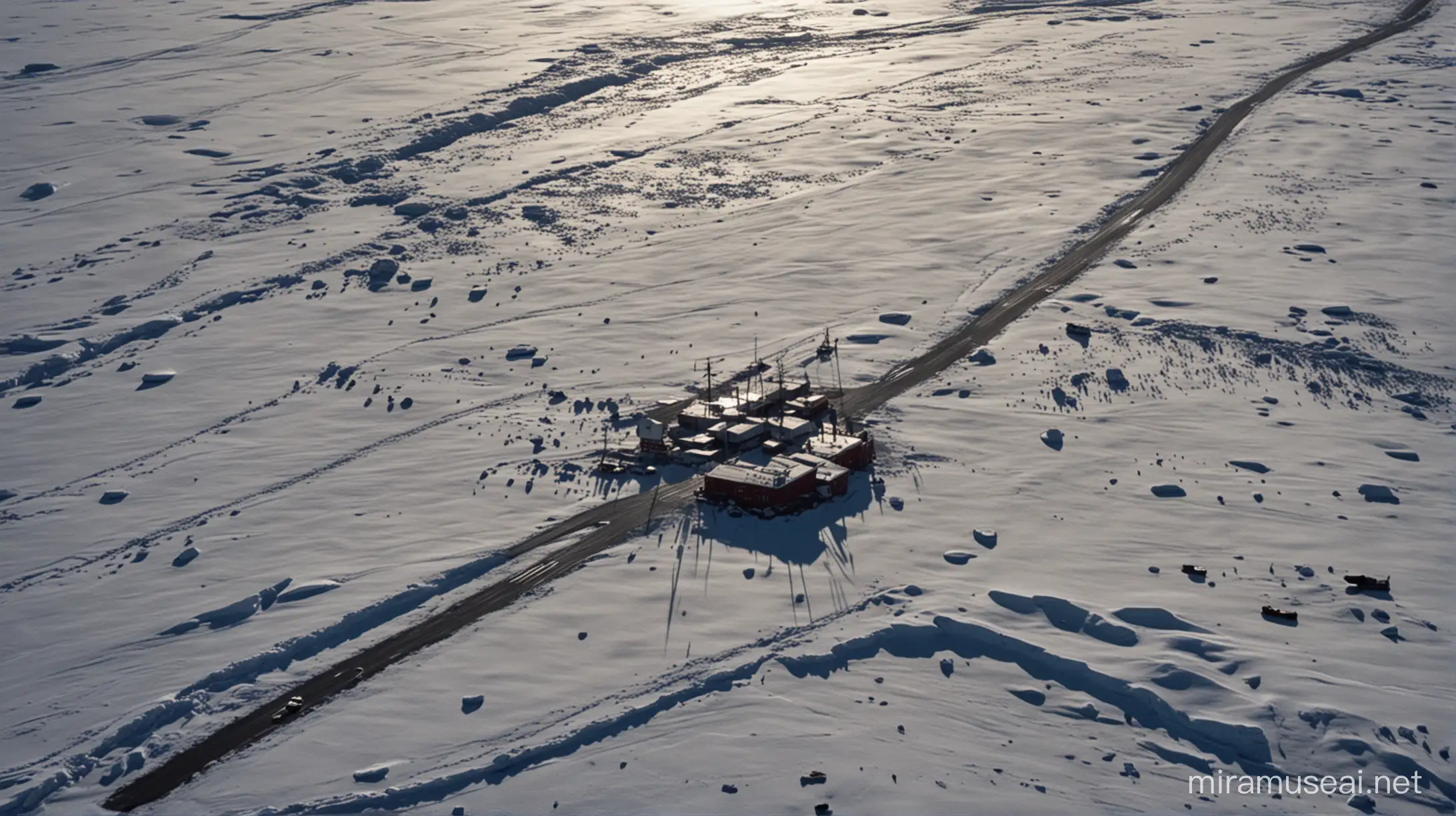 cinematic still, film by john carpenter, the thing, antarctica, mcmurdo station, aerial view