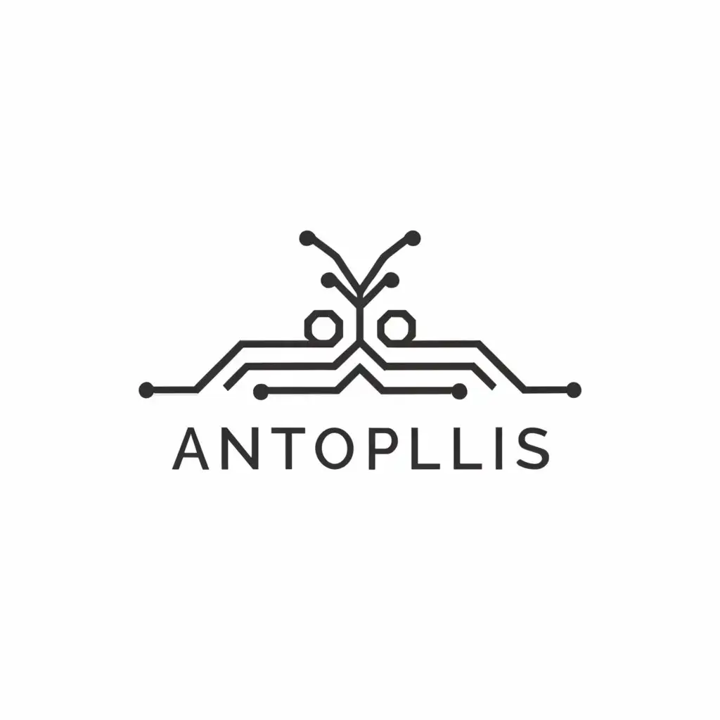 a logo design,with the text "Antopolis ", main symbol:Create an ant using circuit. Ant face incorporated in logo name, closeup ant face, Minimalistic,be used in Technology industry,clear background