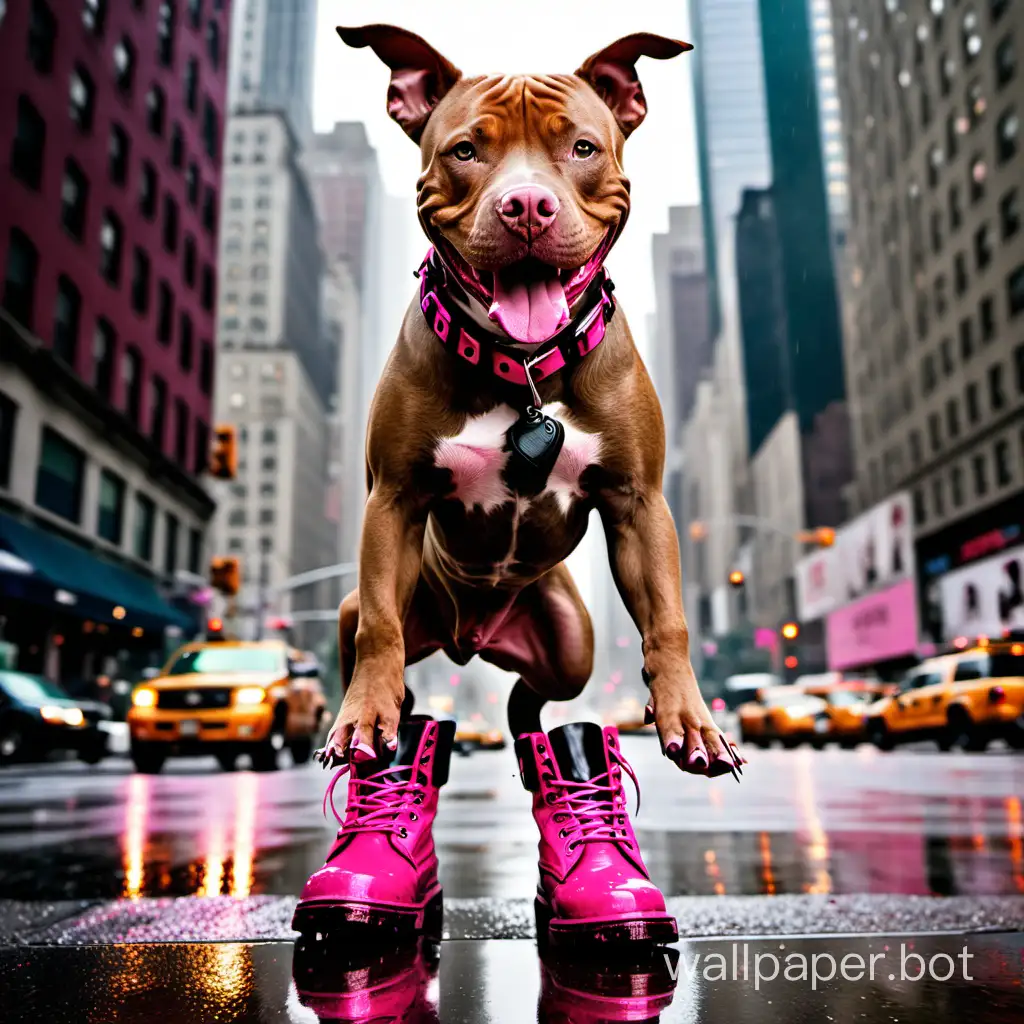 Playful-Pitbull-Brown-and-Black-Dog-with-Pink-Collar-Jumping-on-Rainy-New-York-Streets