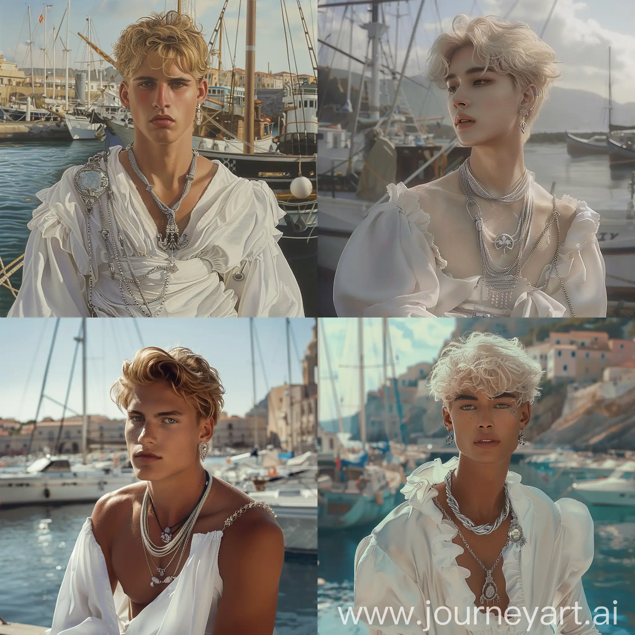 portrait of a sensual male sailor in white dress, blond hair, silver necklace and earrings, in a harbor