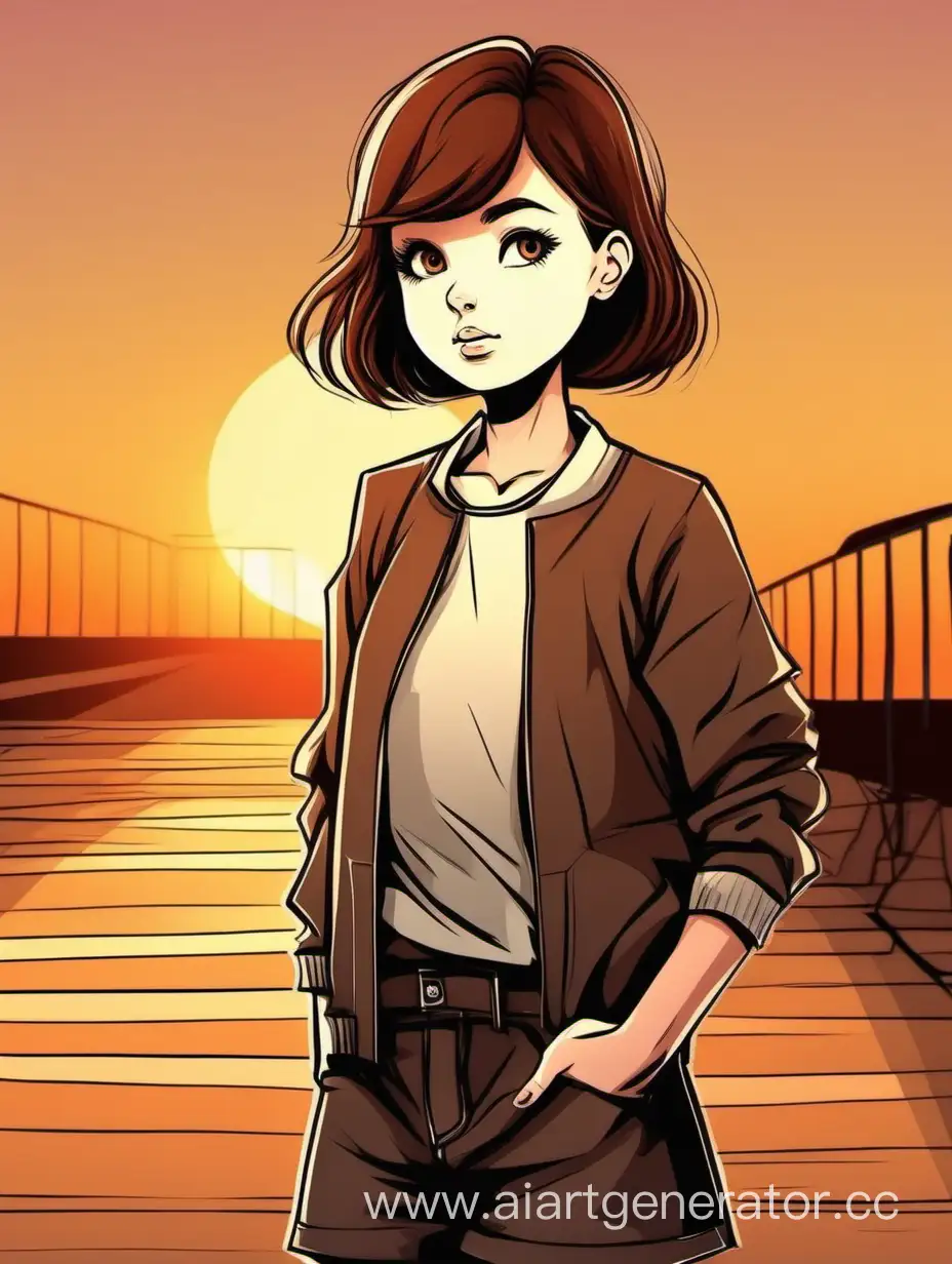 Девушка с короткими коричневыми волосами стоит на фоне заката. Мультяшный стиль 