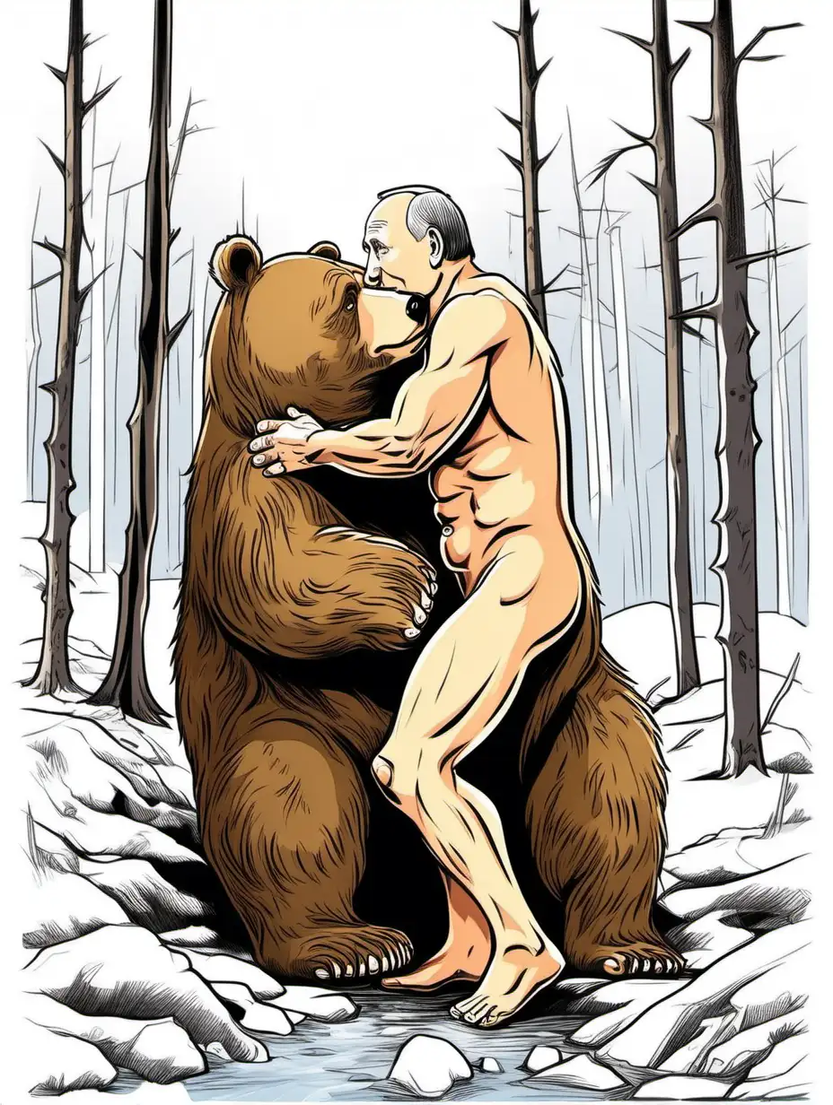 Half naked old Vladimir Putin kissing a bear in wildness cartoon style