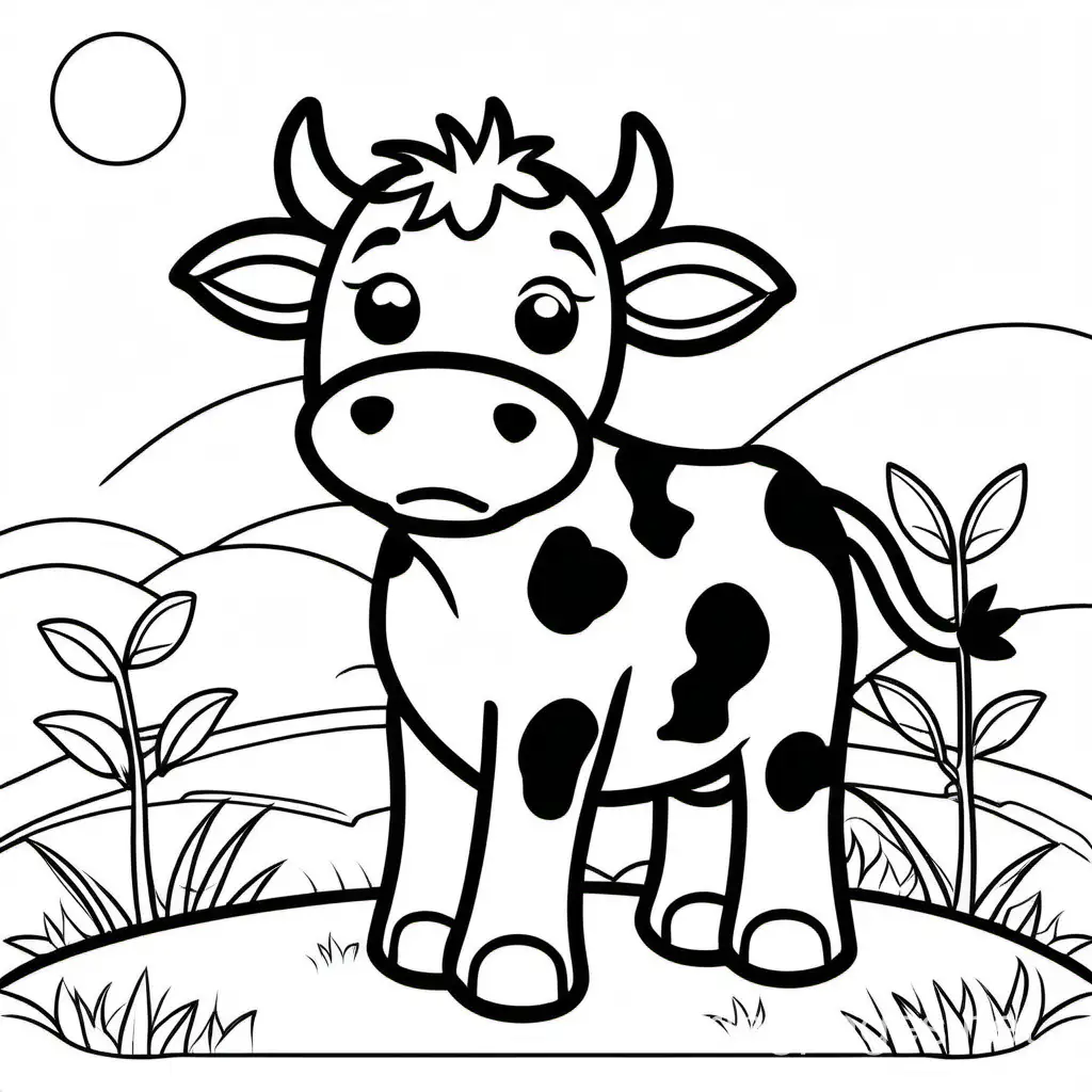 a cute cow, Coloring Page, black and white, line art, white background, Simplicity, Ample White Space. The background of the coloring page is plain white to make it easy for young children to color within the lines. The outlines of all the subjects are easy to distinguish, making it simple for kids to color without too much difficulty