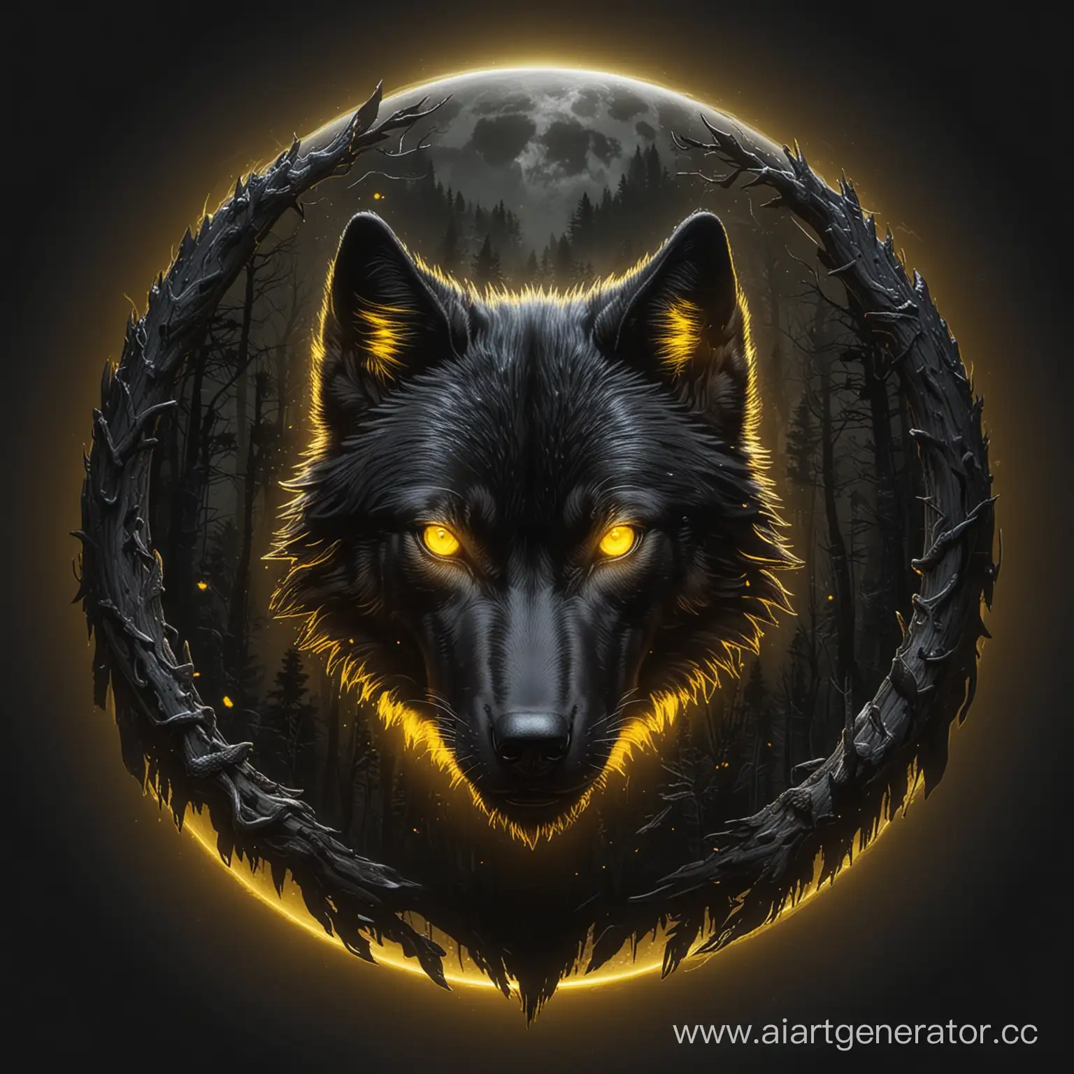 A logo black wolf with glowing yellow eyes is featured in the center without background