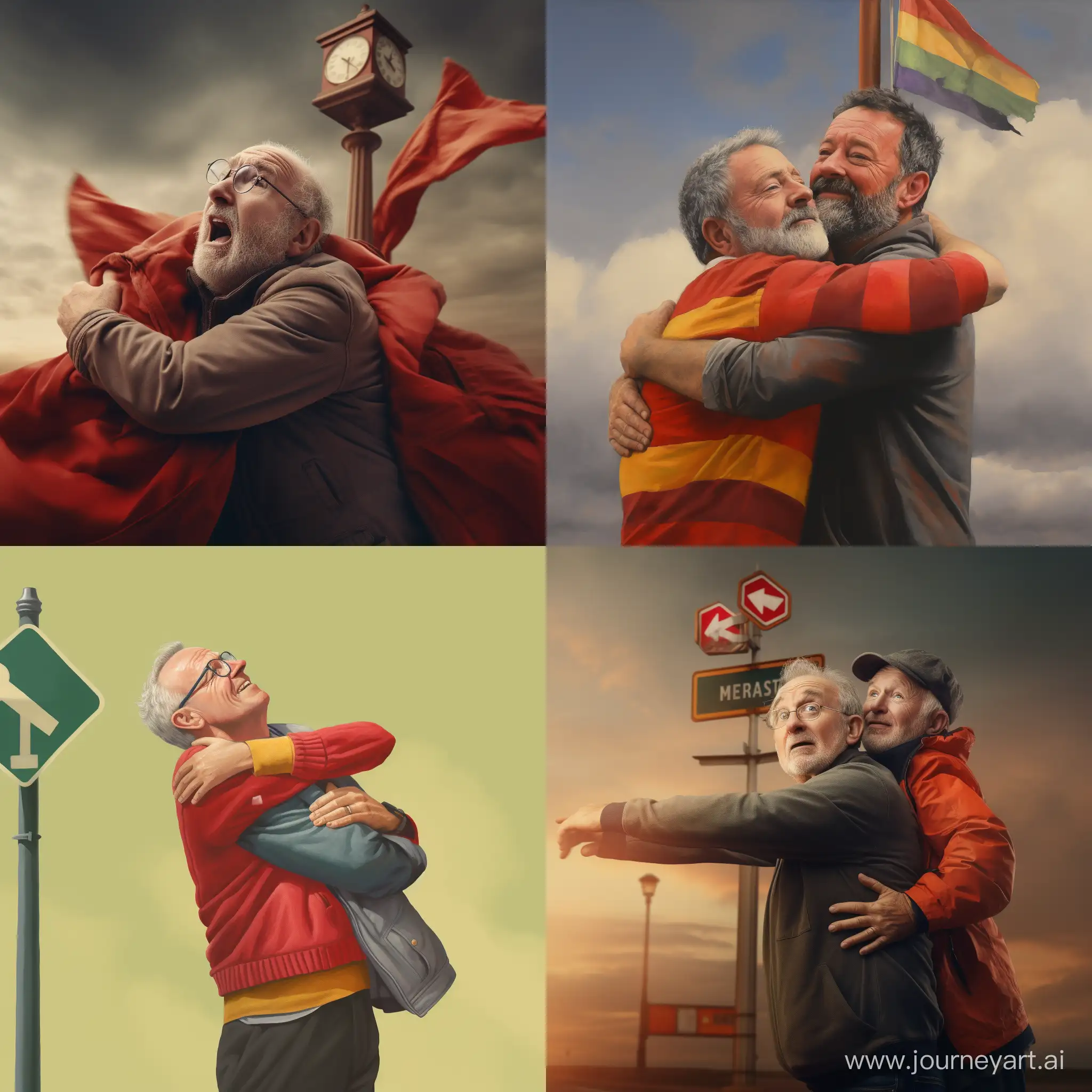 Man in his 50s hugging semaphore passionately. 