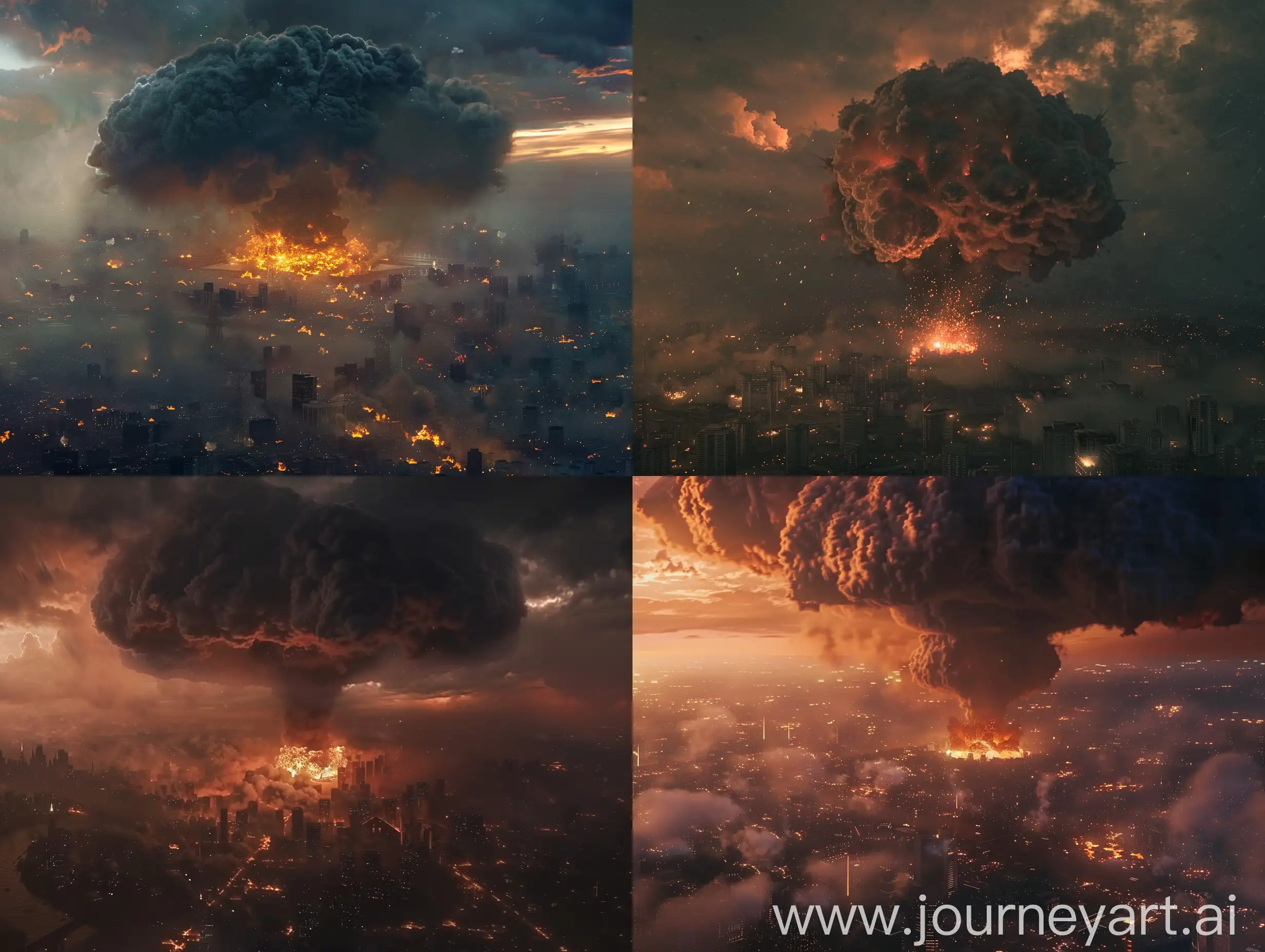 Nuclear Cloud Rising from city , view from distance, wide view, 8k , cinematic, splendid lighting, dark themes, lots of smoke, embers, high detail,