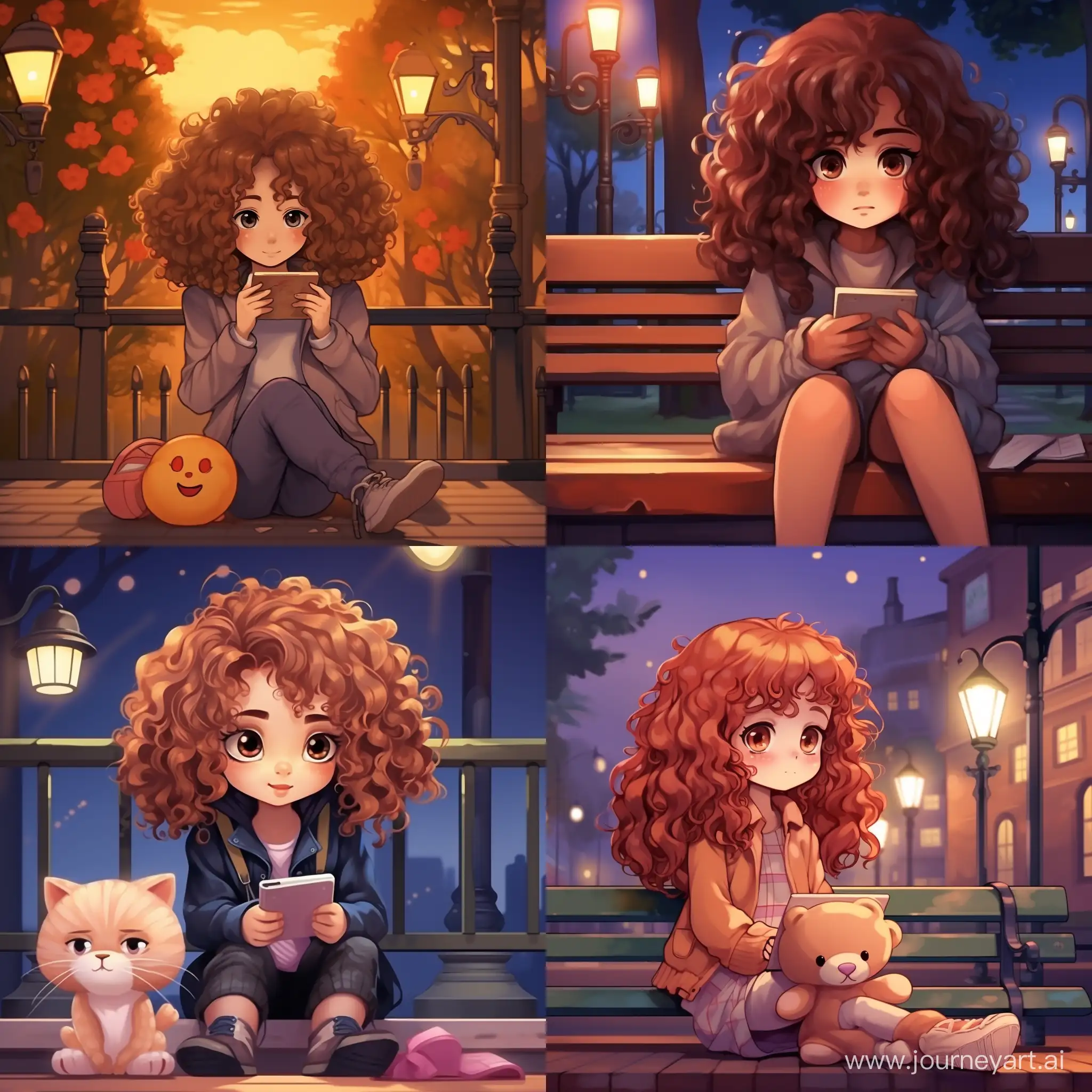 Kawaii-CurlyHaired-Girl-on-Bench-with-Phone