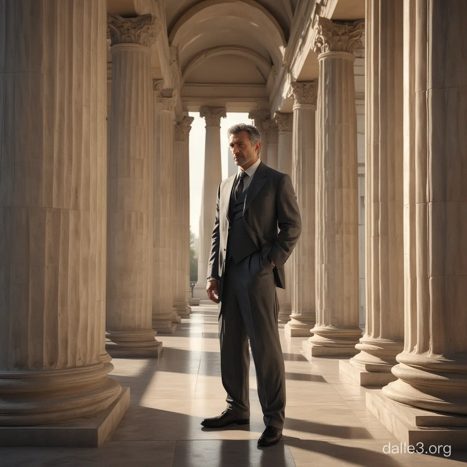 Create an image of a stoic philosopher wearing a business suit, standing in front of a classical column, with a faint hint of sunlight filtering through the pillars. Hyper realism 