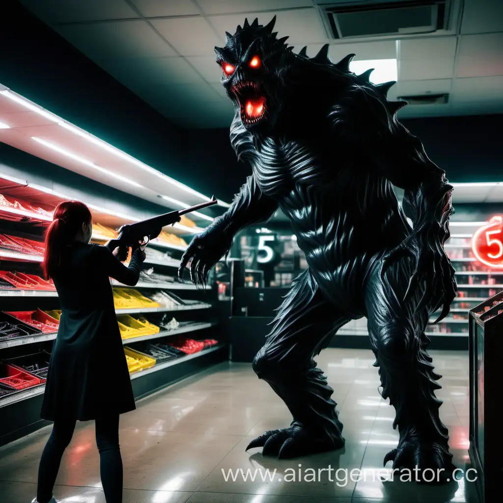 Человек в чёрной одежде стреляет из дробовика в большого страшного монстра с 
 неоновой цифрой 5 на животе в мрачном магазине. Страшная атмосфера.