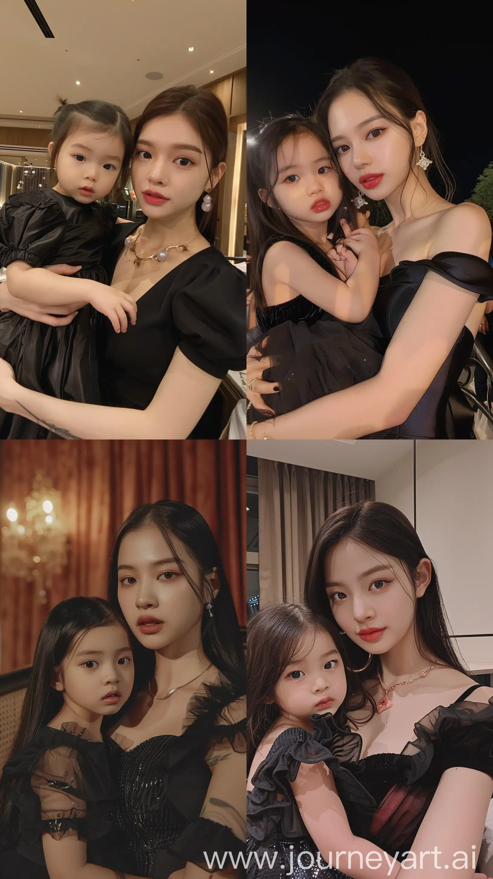 blackpink's jennie,holding 2 years old girl, facial feature look a like blackpink's jennie, aestethic selfie, night times, aestethic make up, wearing black elegant dress --ar 9:16