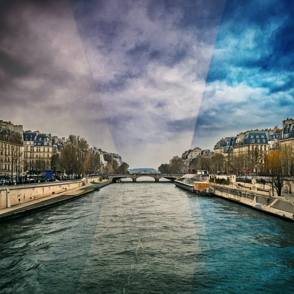 Quai de Seine à Paris sous un ciel gris et bleu