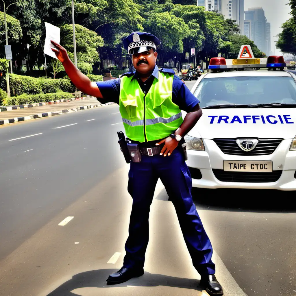 Traffic Police Officer Halting a Car on Busy Urban Road
