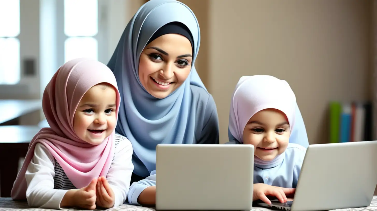 Engaging Online Islamic School Mother and Two Kids Learning on Laptop