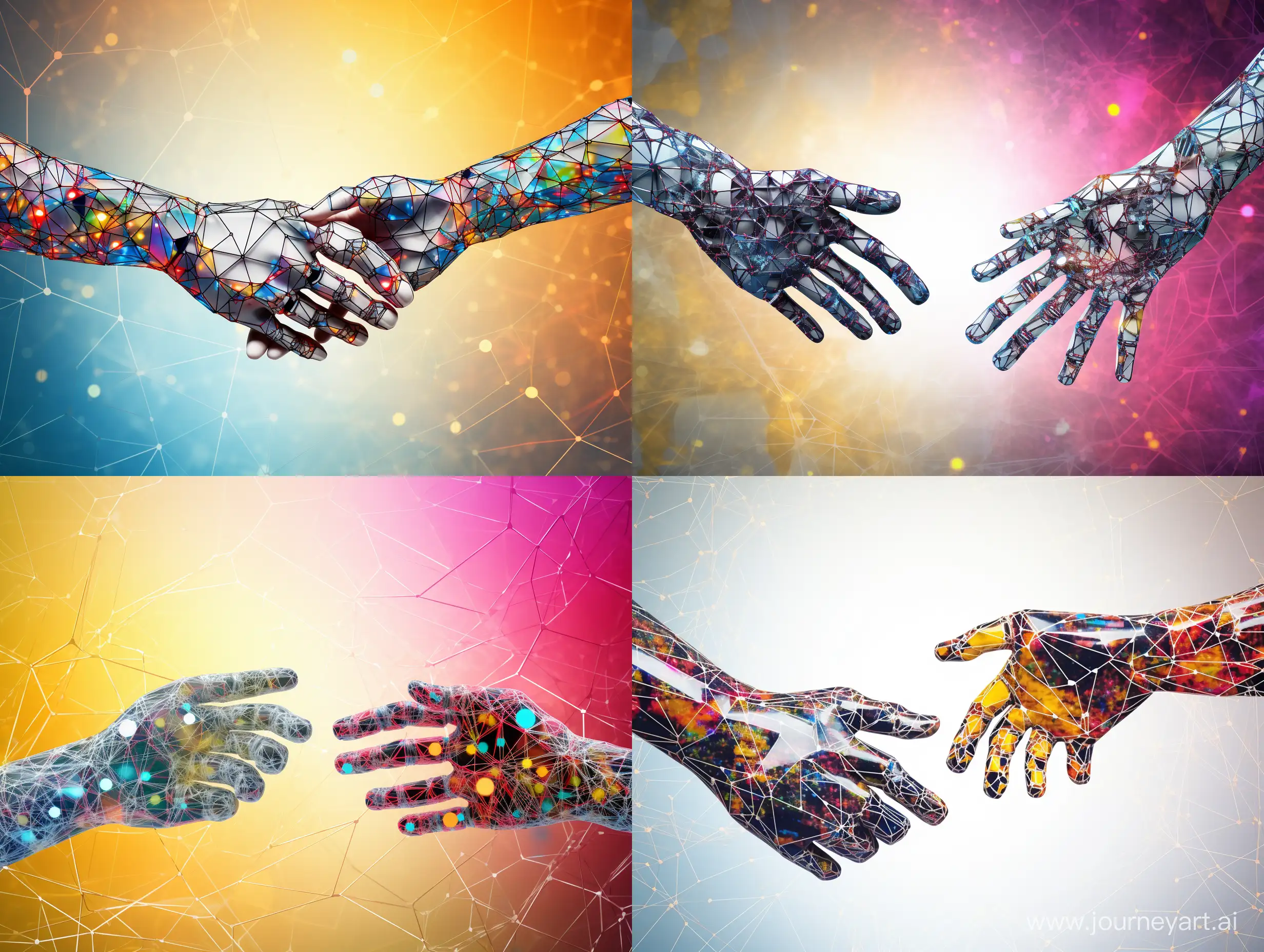 Bright and colorful background with two hands reaching out, one human hand and one robotic hand from a neural network, signifying collaboration, Symmetry, Impressionism, by Takeshi Murakami, High Key Lighting, colorful background, hands of human and robot, collaboration, Neural Network Collaboration --