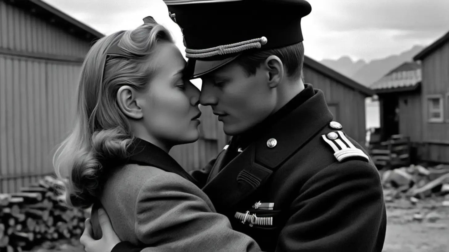 Second World War In a town of  northern Norway; a young woman waring sivil clothes is  in love with and passionately  embracing a German male navy 
offiser . 
