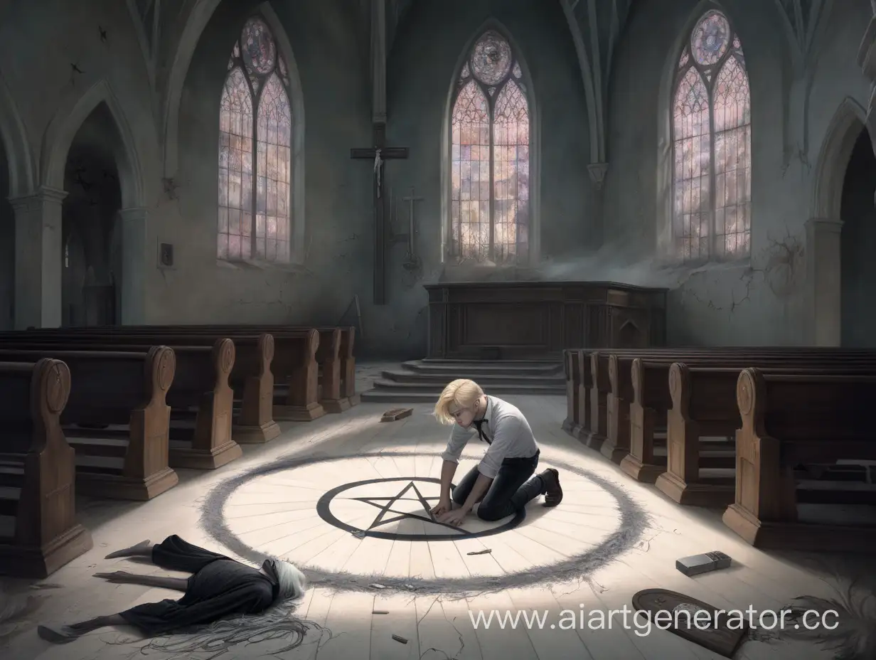 Fearful-Ritual-in-Abandoned-Church-Blond-Man-Encircles-Himself-Beside-Coffin