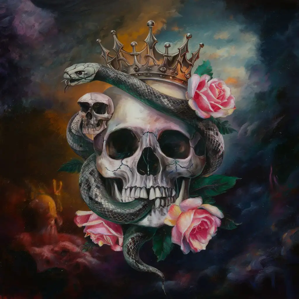 Surreal Skull and Snake Entwined with Roses on a Dreamy Landscape