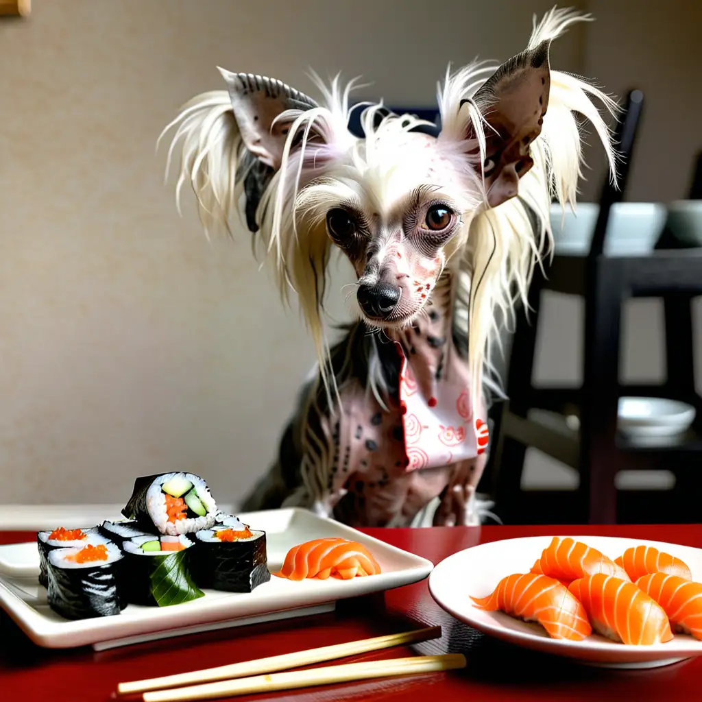 chinese crested dog looking at a bowl of ginger next to a plate of sushi