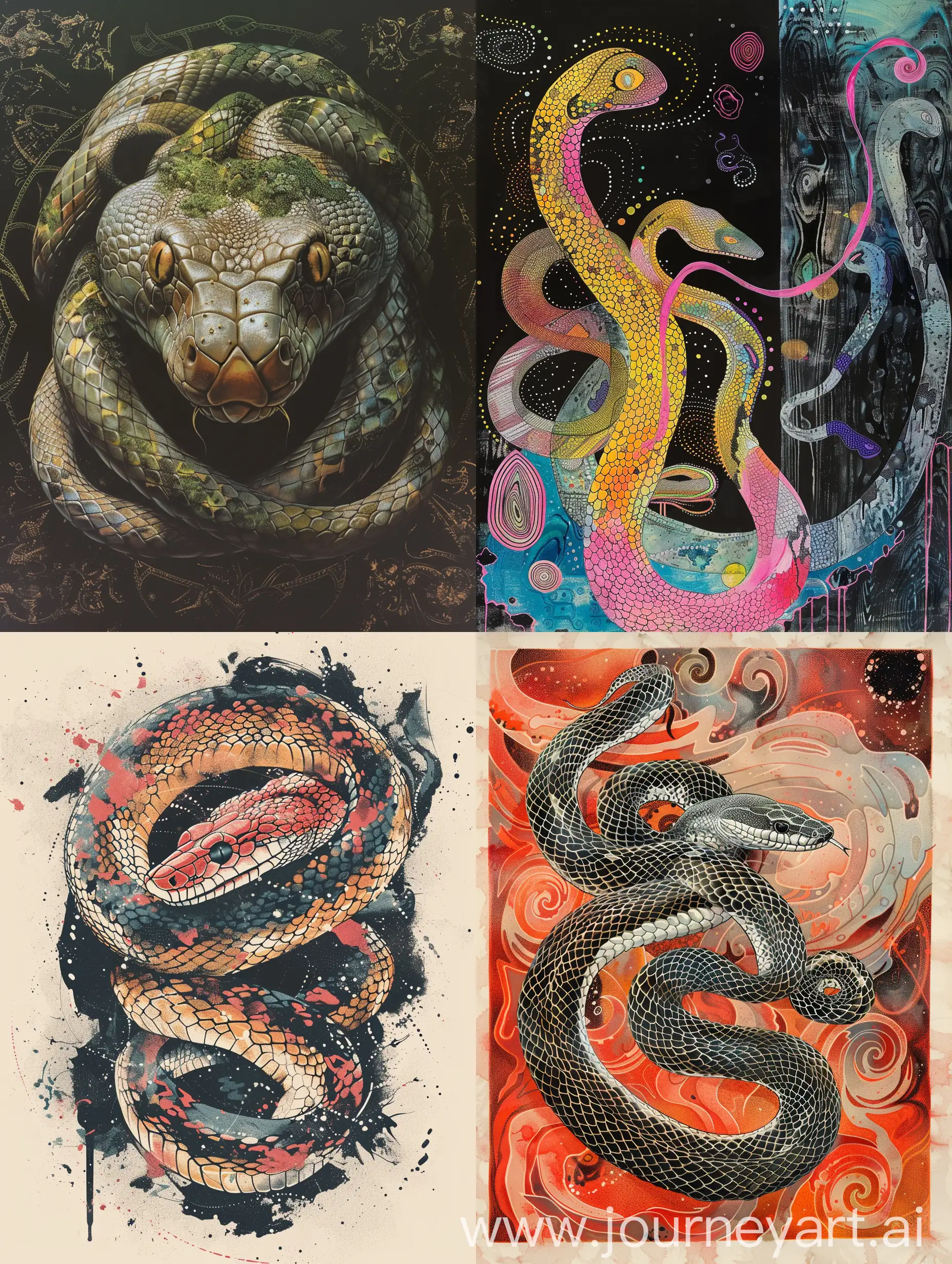 multi-split screen of all species of snake::2 well defined, accurate snake forms ::2 extreme beauty, harmonious design, variety of poses, variety of recognizable snakes::1.6 maximalist poster design by Ernst Haeckel and kim jung gi and moebius::2.5 vibrant saturated watercolor pencil in black, white, pinks, oranges, blues, teal, pistacchio, and liquid gold highlights::1.8 vignette