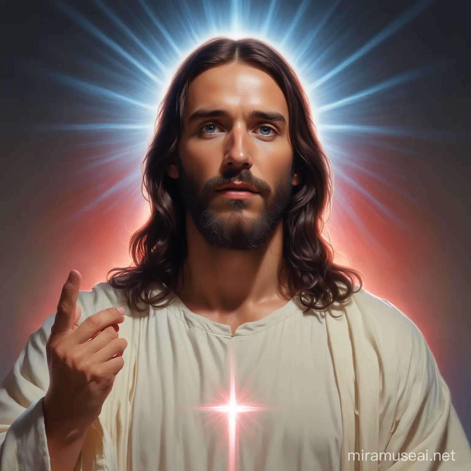 Jesus, with one ray of red light and one ray of blue light emmanating from his heart