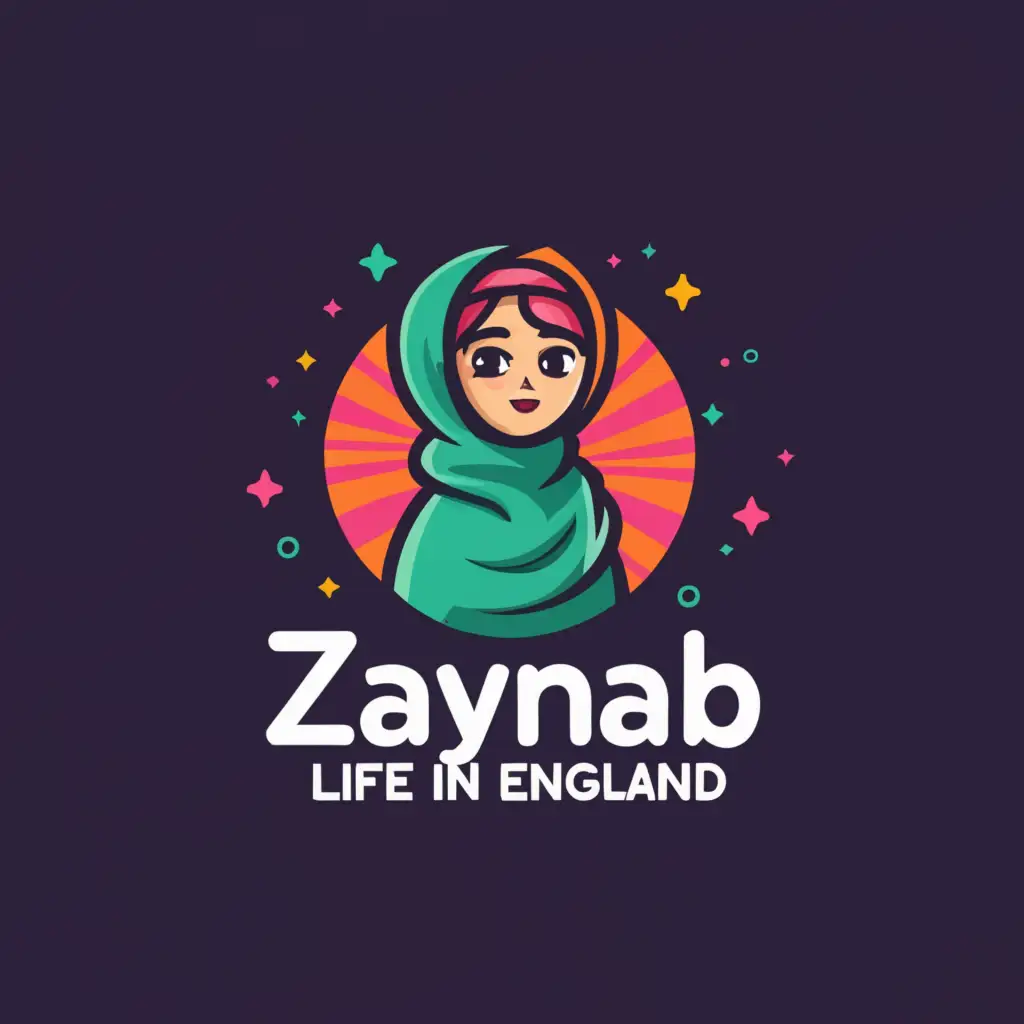 a logo design,with the text "Zaynab Life in England", main symbol:A 7 year old Muslim girl colorful,Moderate,clear background