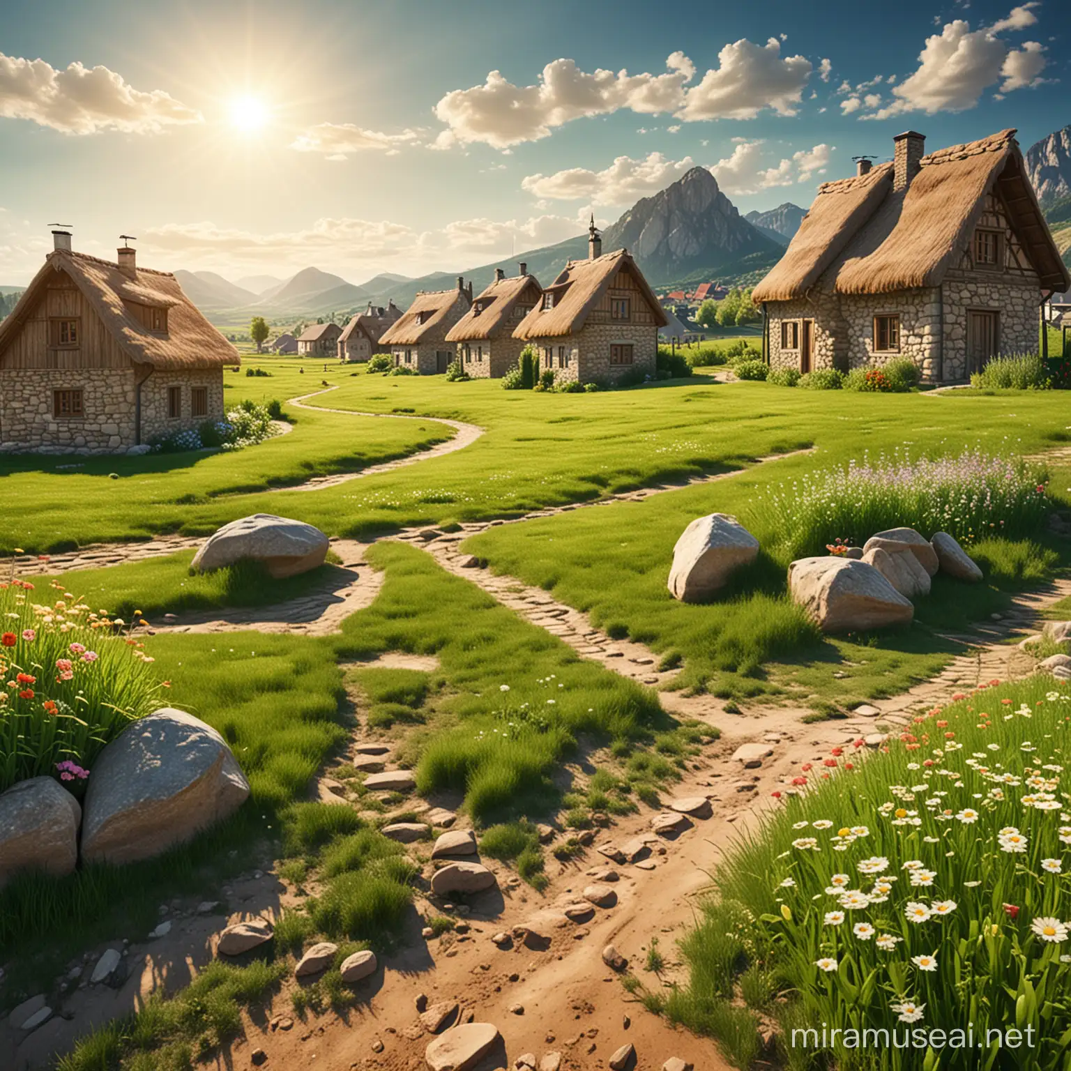 Stylized green field with grass and pretty flowers. On the field there is a small village with a few houses made of rocks and dirt. The sun is shining