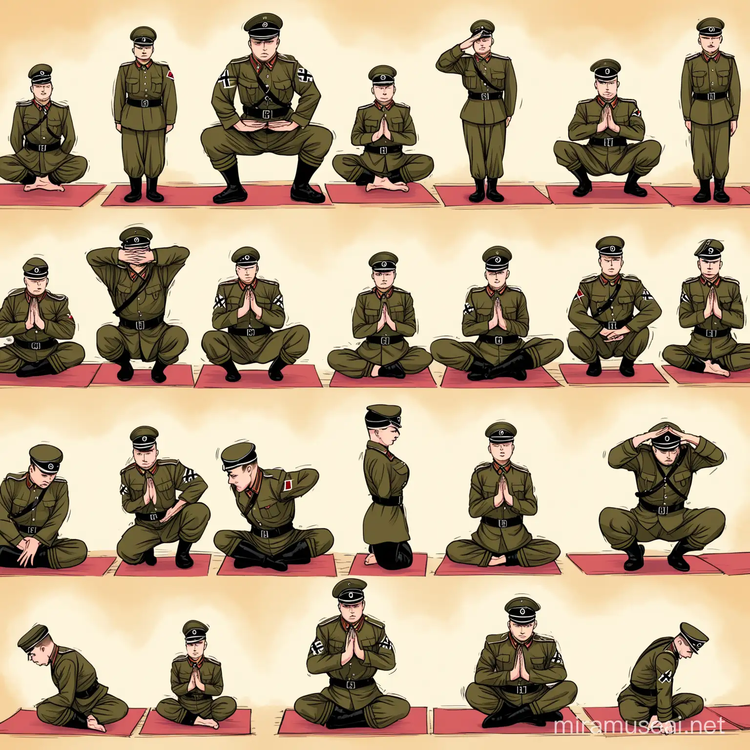 Comic Nazi Soldiers Engage in Yoga and Concentration Exercise