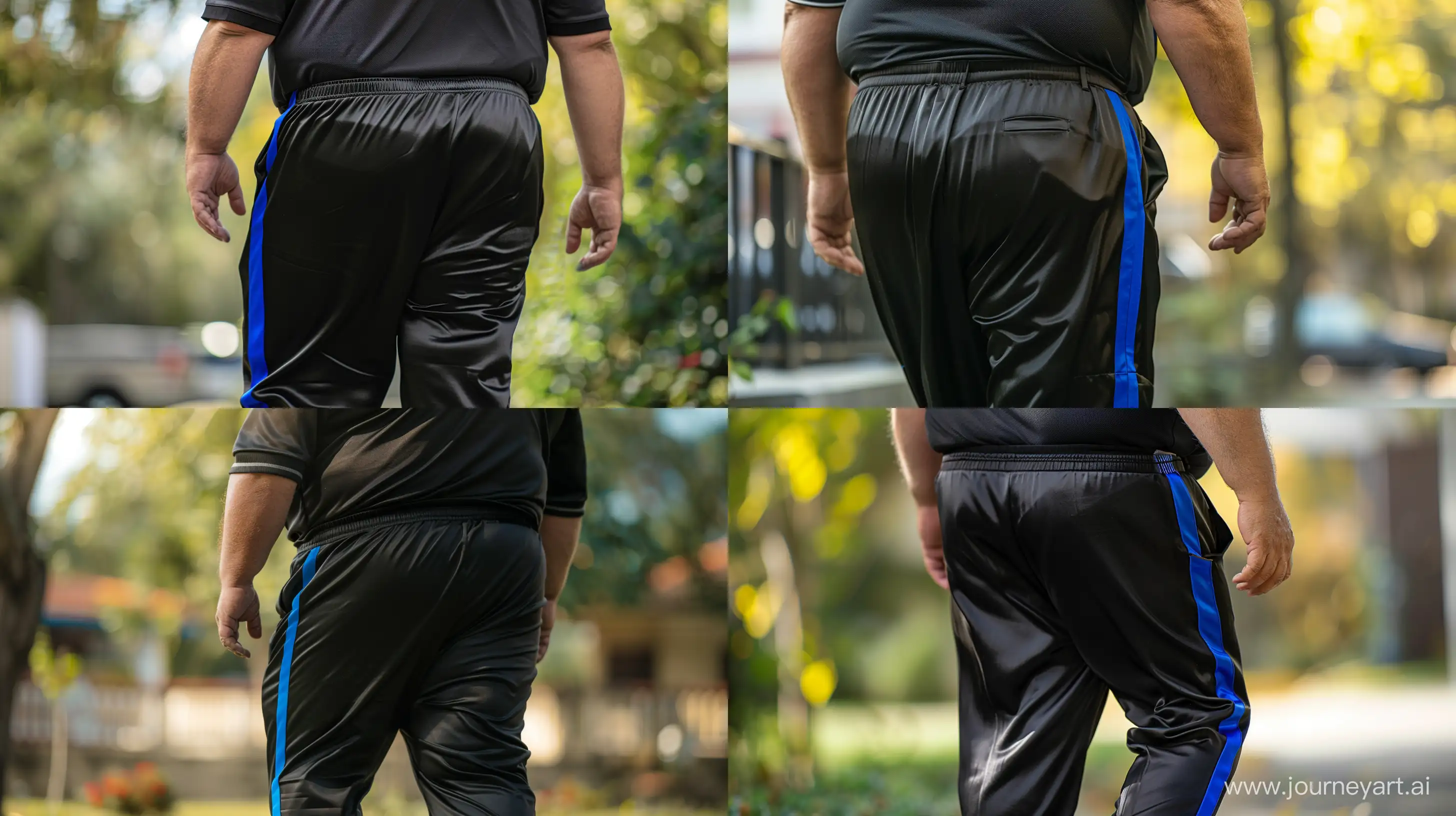 Back view close-up waist level photo of a fat man aged 60 wearing silk black tracksuit pants with royal blue stripe on the leg and a tucked in sport polo shirt. Walking Outside. --style raw --ar 16:9