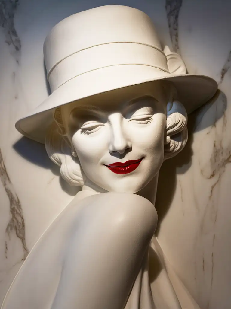 Elegant-White-BasRelief-Sculpture-of-a-Woman-in-a-Red-Lipstick-Hat-with-Closed-Eyes