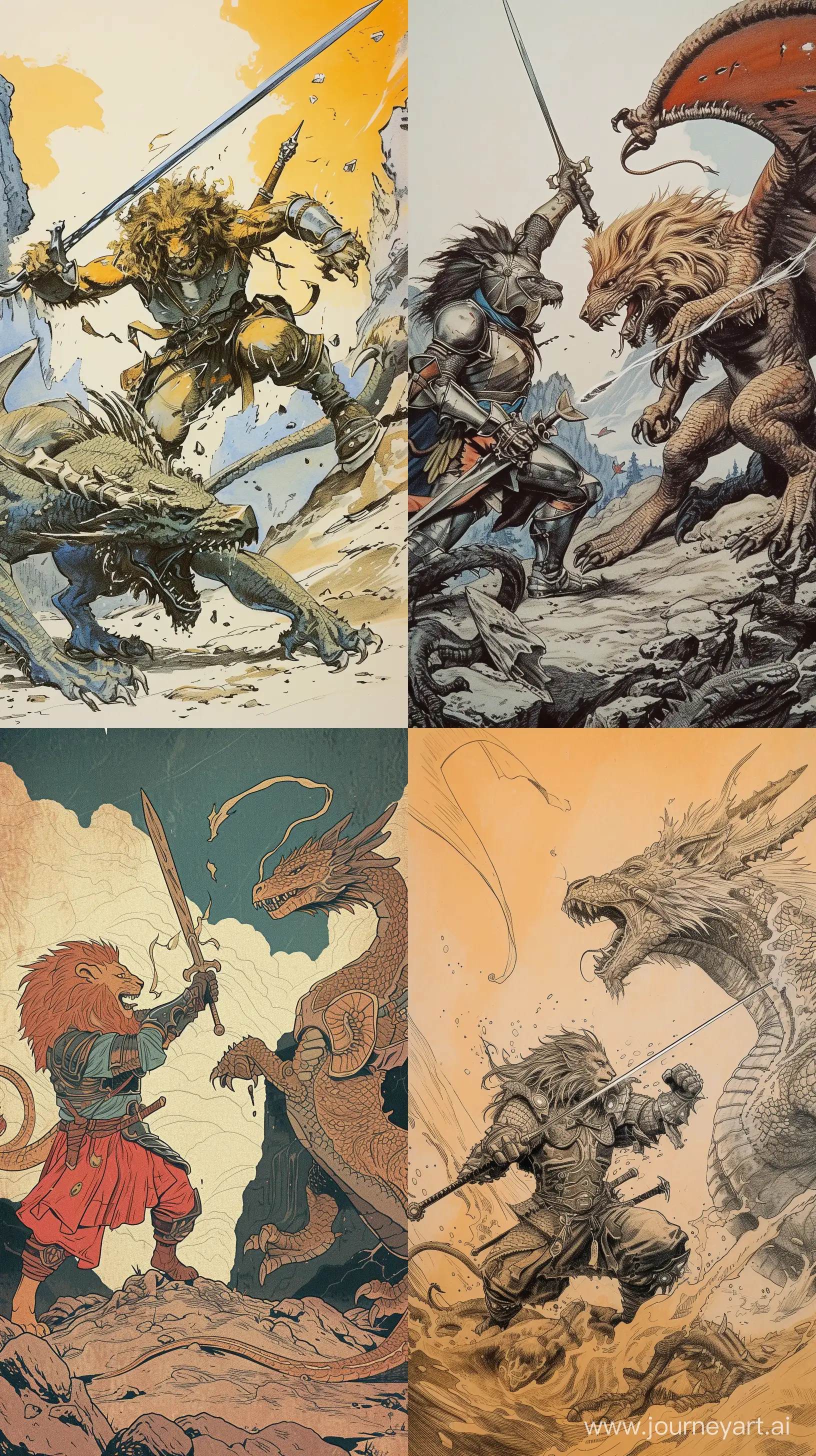 Epic-Battle-Humanoid-Lion-Paladin-Confronts-Dragon-in-Dark-Fantasy-Paper-Art