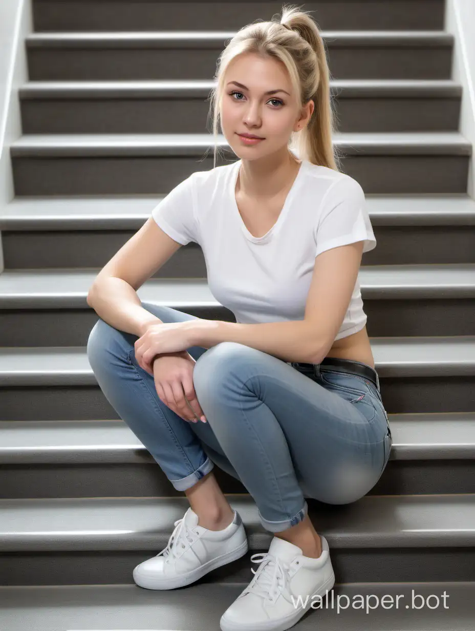 Attractive 29-year-old girl, slender figure, ash-blonde with a ponytail, light eyes, angelic face, wearing a white shirt and jeans with grey sneakers, sitting on a staircase, full-body view.