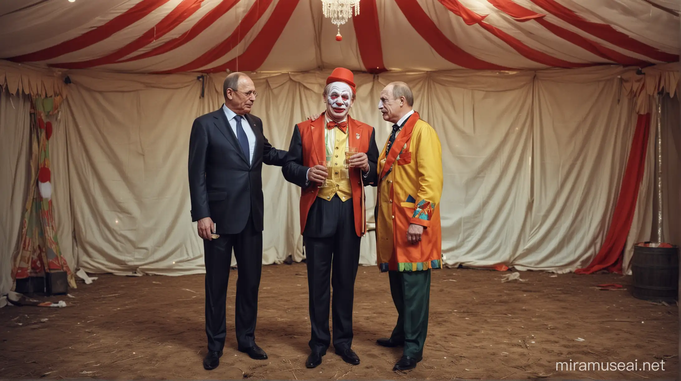 Lavrov and Vladimir Putin, dressed up as clowns. Standing next to each other, sad, sorrowful, drinking alcohol, vokda. Circus tent.