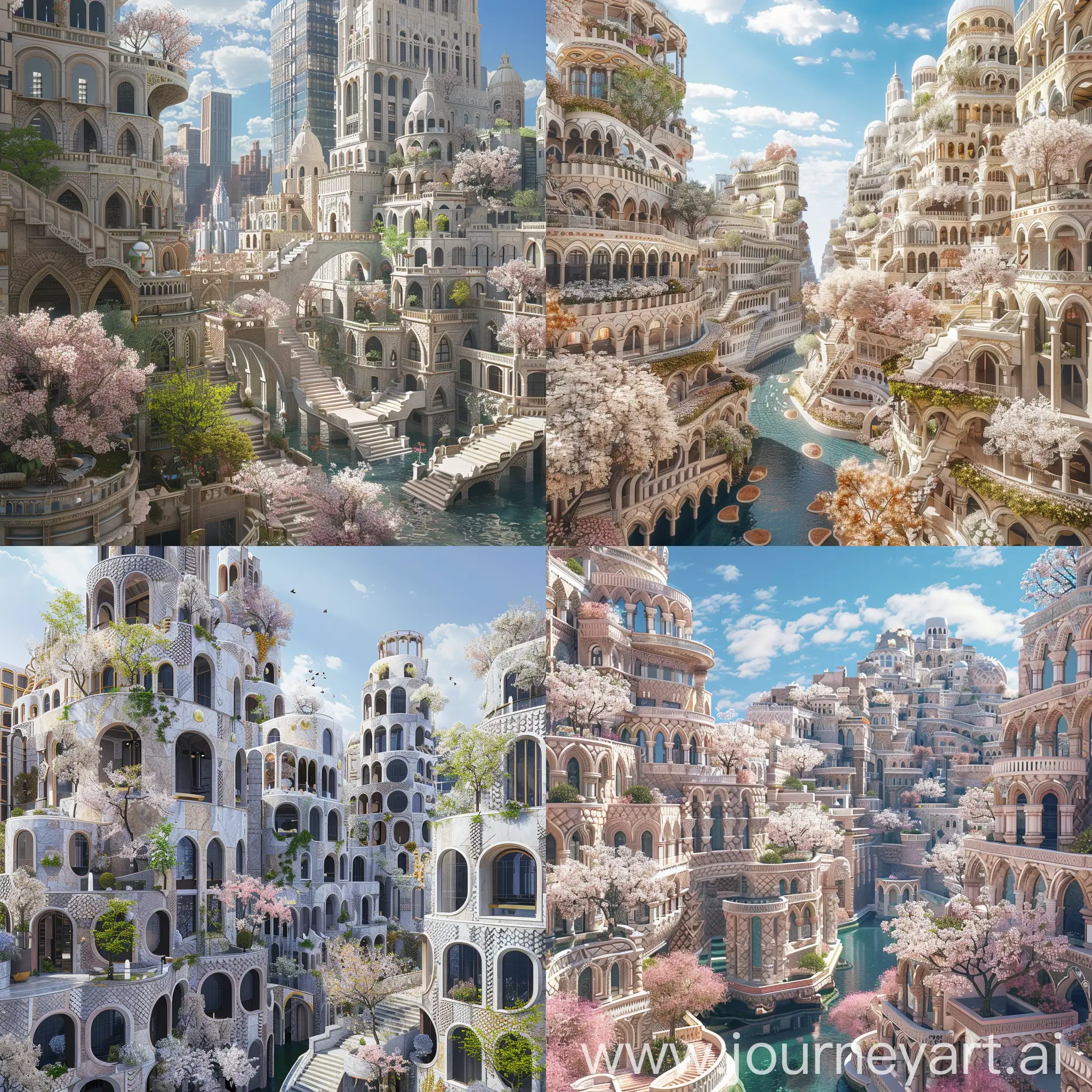 Beautiful futuristic metropolis in an alternate timeline where all buildings retain traditional elements, ornate travertine architecture with scale-like patterns on facades and blossoming trees, monumental terraced buildings, canals, New York City vibe, spring, blue sky, photograph
