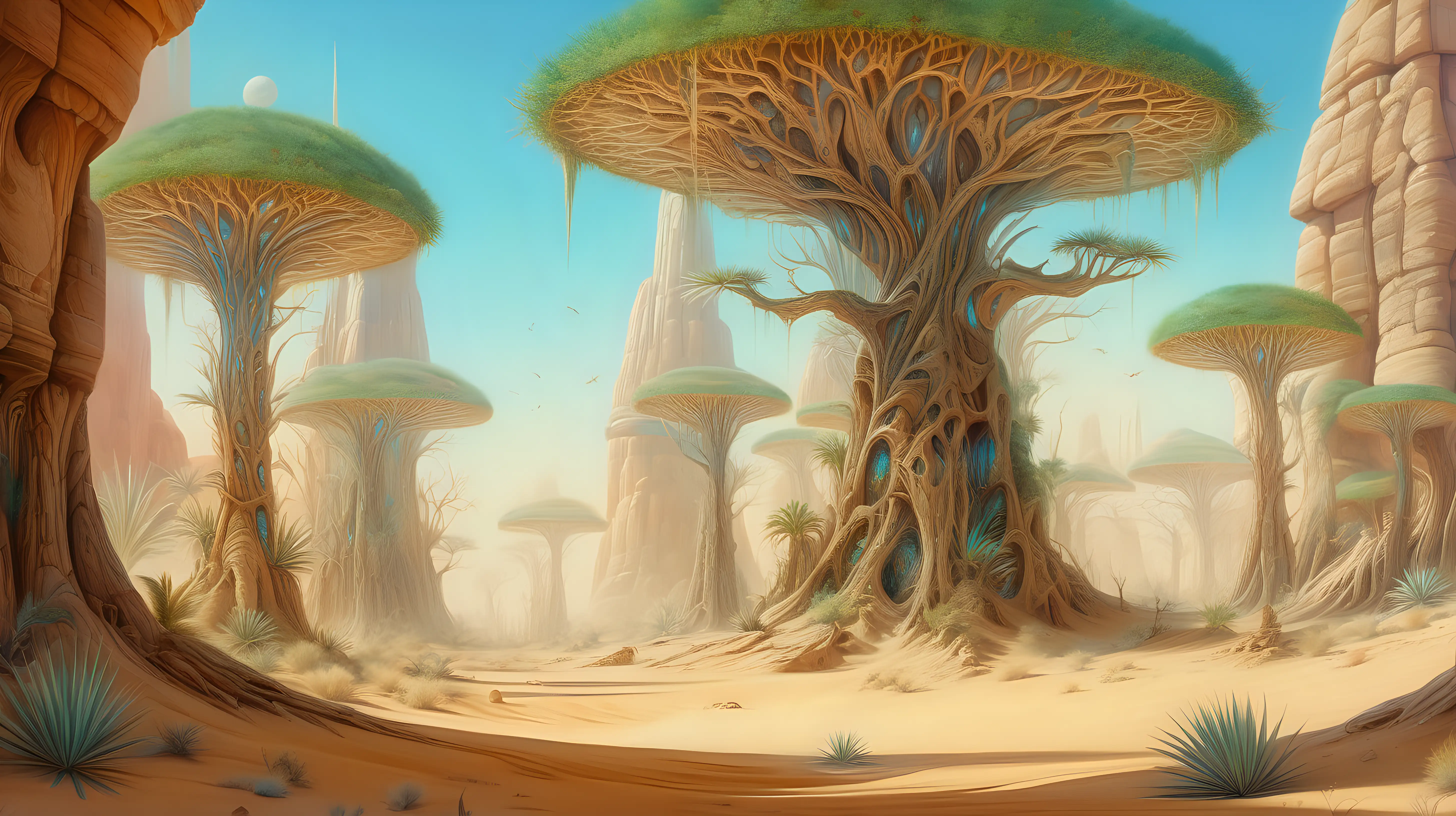 A mirage of an ancient forest emerging from the desert sands, its lush foliage and towering trees pulsating with psychedelic energy, creating a surreal oasis of life amidst the arid landscape.