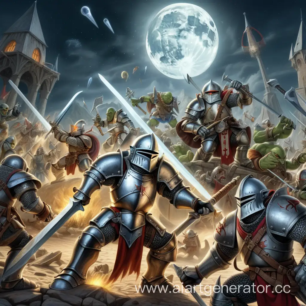 Рыцари в сияющих доспех, вооружённые лазерными мечами на Луне сражаются против орд гоблинов и орков вооружённых кривыми мечами и топорами