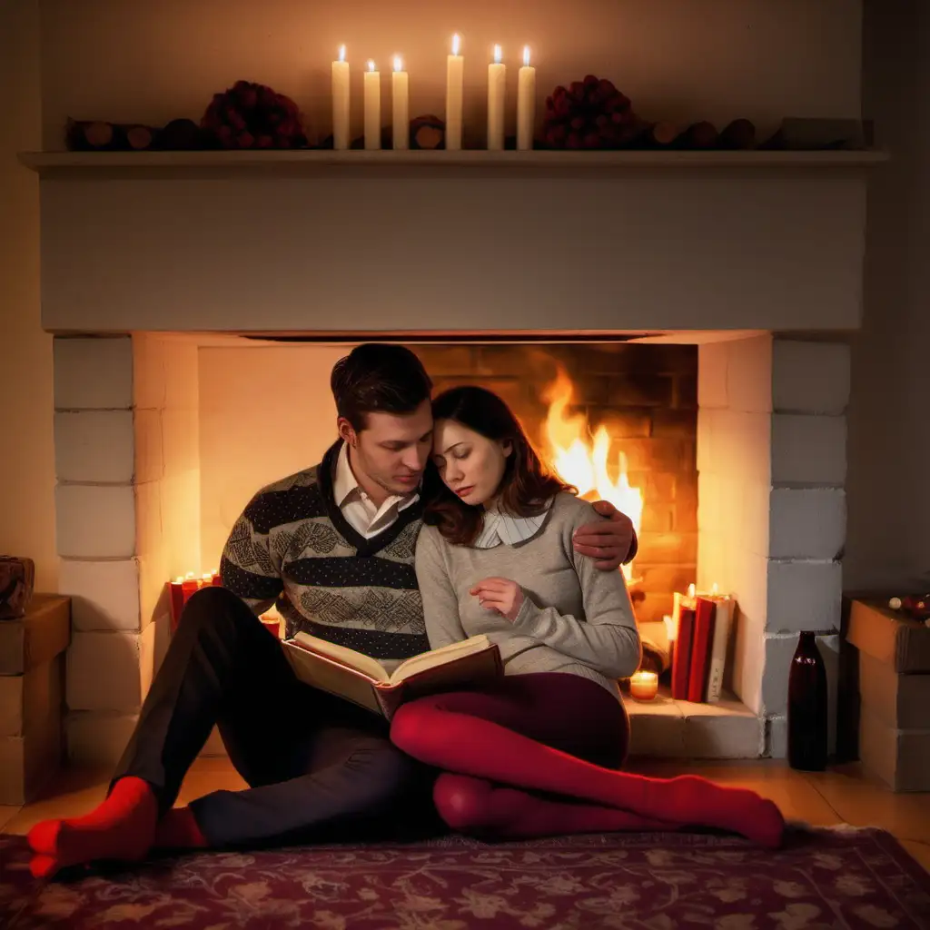 Cozy Fireplace Reading Romantic Couple in Winter Scene