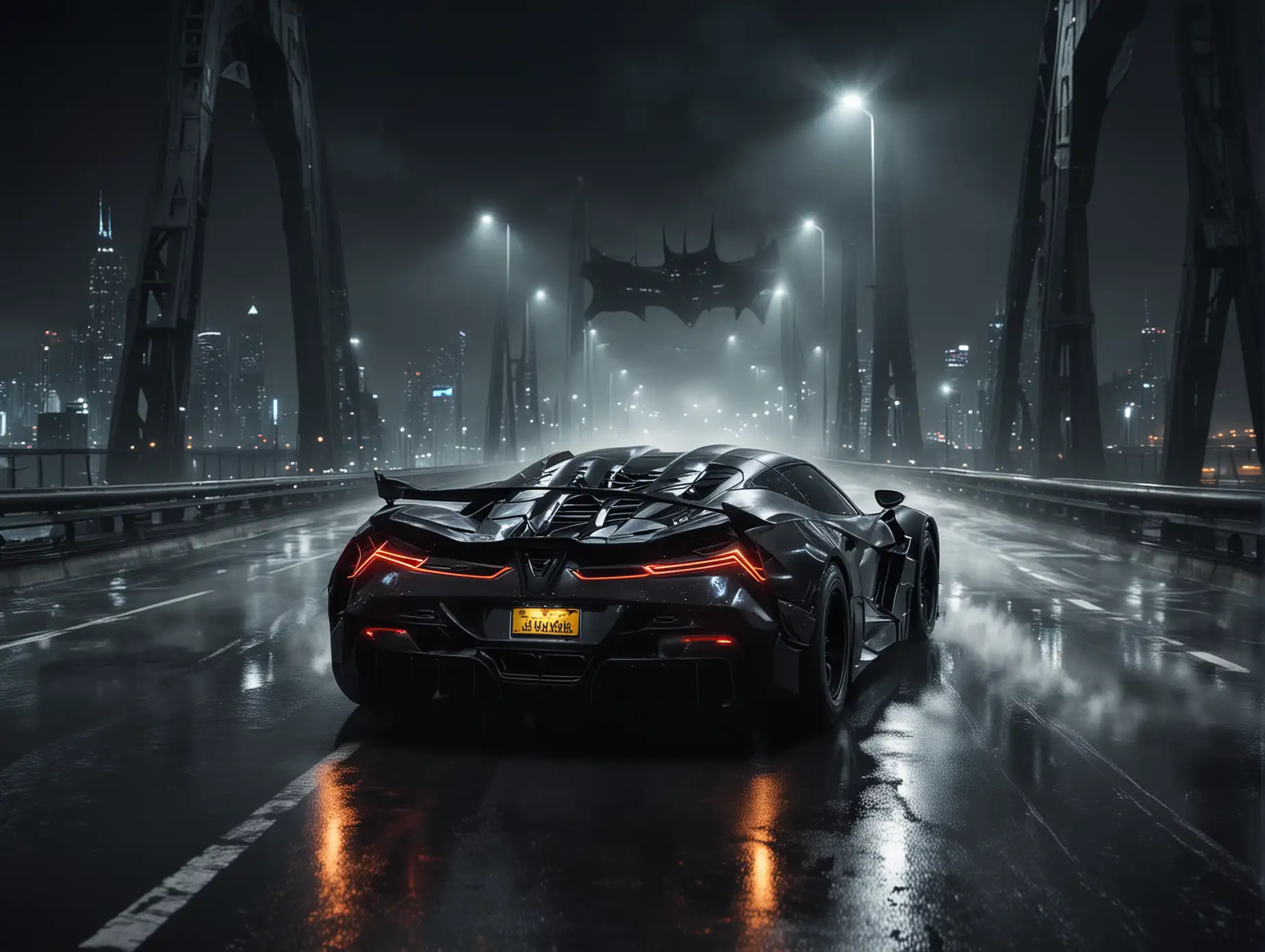 Batman futuristic concert. Drifting cars driving at night city on big bridge background black color dark rear view