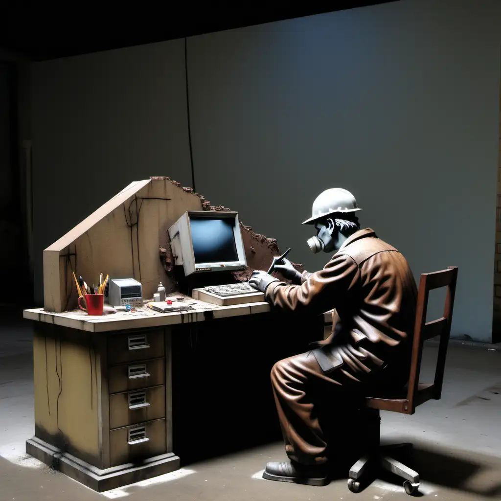 Banksy pictured of a roadengineer sitting with a mahogny desk creating a 3 dimensial road coming out of the computerscreen and stops right infront off his left hand which is in height of the desk.