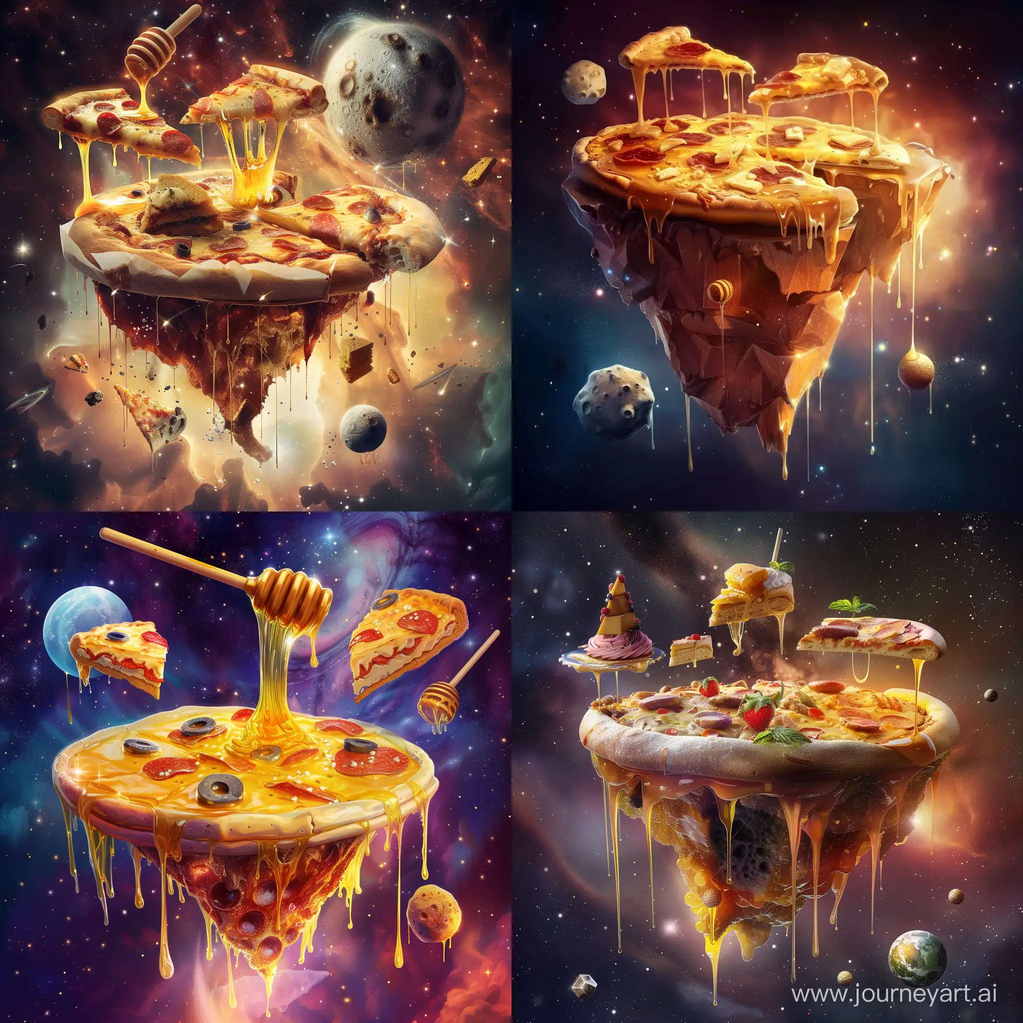 mixing of island and honey and pizza and cake and meteor, in the galaxy, fantasy style, realistic