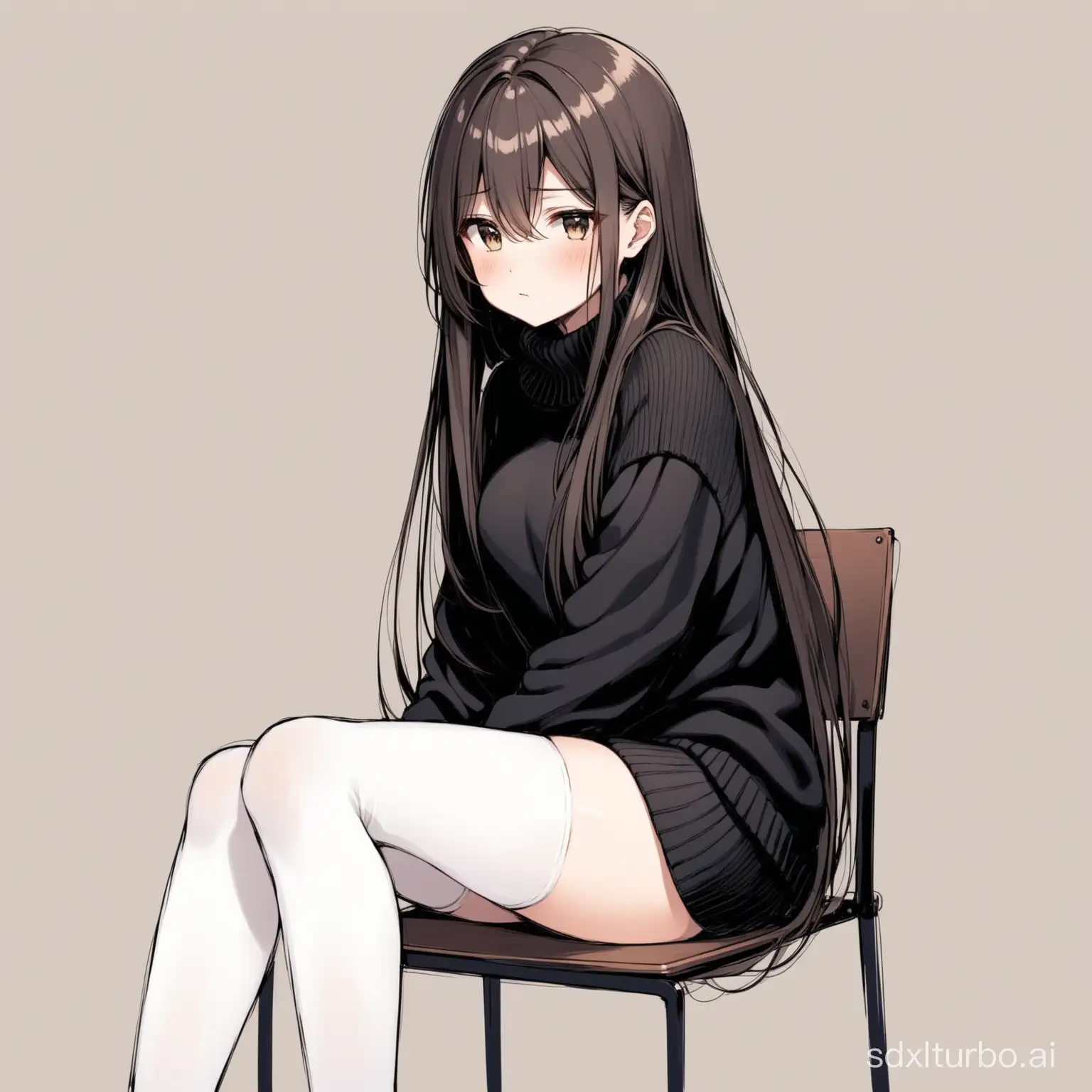 Sitting posture, girl, disdainful face, long hair, black sweater, white stockings