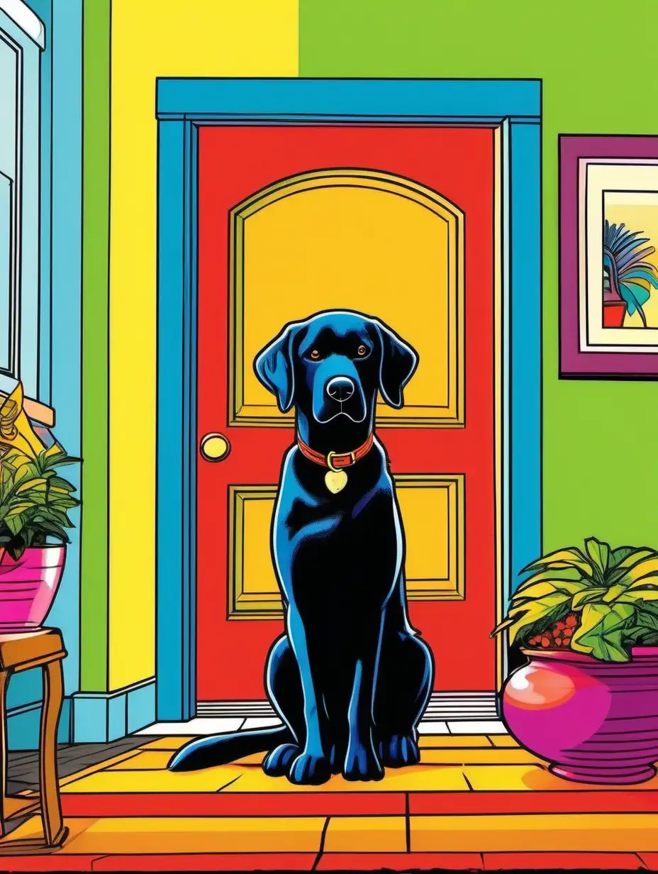 a cartoon character black labrador retriever by the front door, in a cozy living room, vibrant color, in the style 1980's pop art