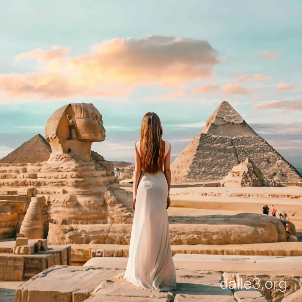 реалистичная  красочная фото для рекламы тура в Египет. девушка стоить в шляпе лицом к Сфинкс, фараон, пирамида  