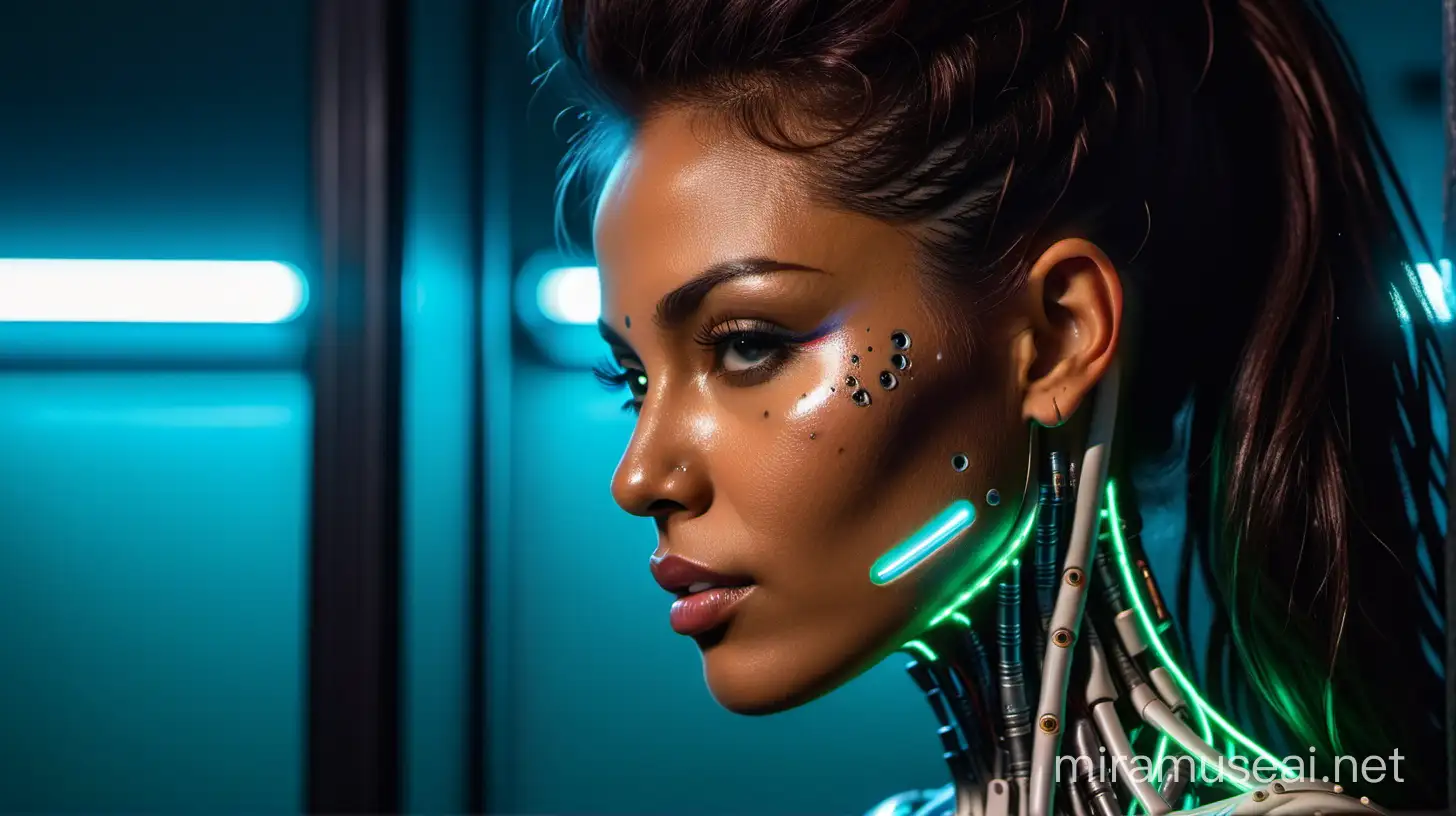 
A hyper realistic, photogenic, very young and fully naked cyborg Terminator Pam Grier in profile, with her lips closed, with half of her hyper detailed exo-skeleton and glowing cybernetic eye exposed, with bullet wounds and electrical sparks flying from the interior of her neon lit exoskeleton, looking at a fully robotic, cybernetic version of herself in a highly reflective green neon lit glass mirror.

