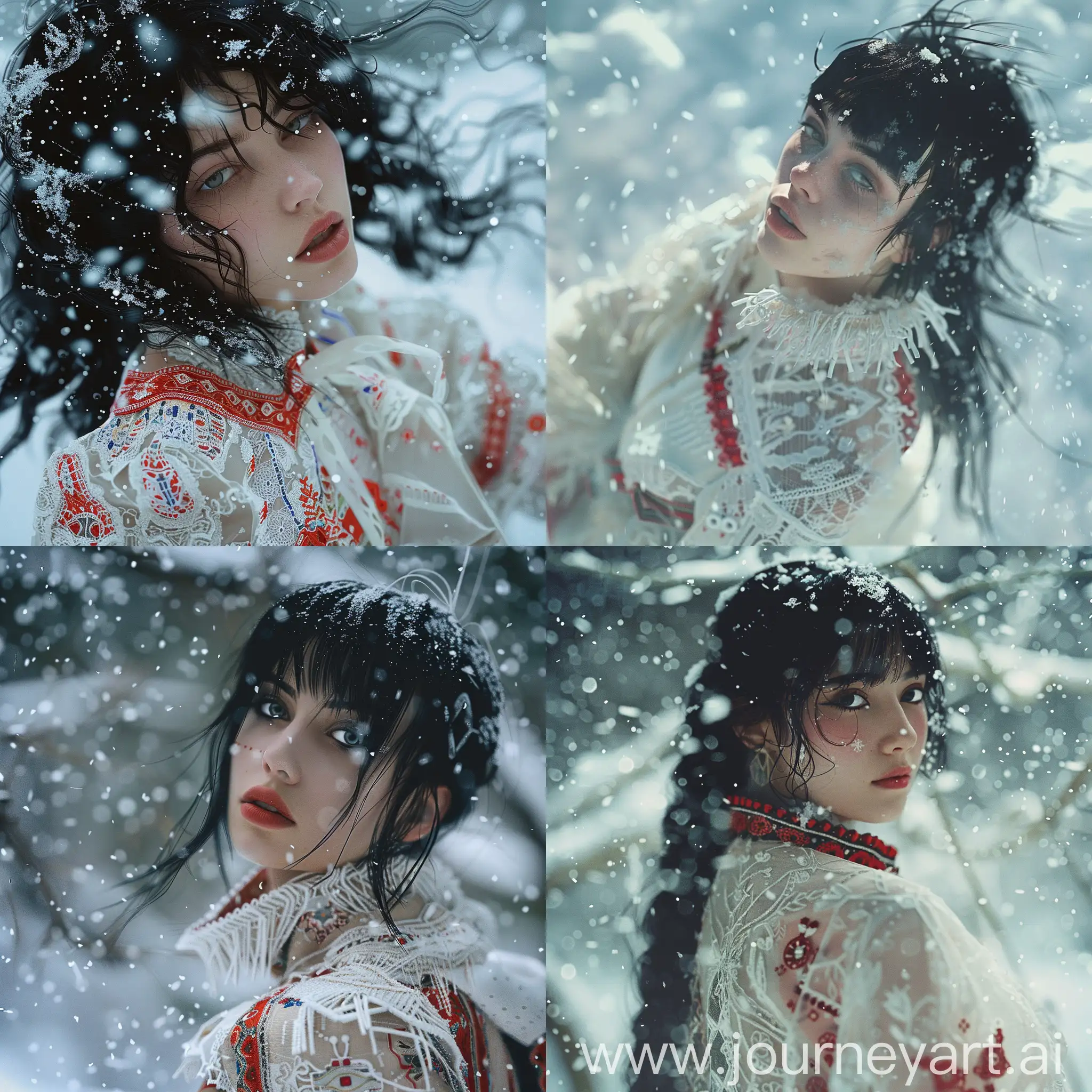 High Camera Angle, a woman with black hair, standing in snow, 
, particles,snow, ultra realistic, bohemian fashion, high detail, sharp focus, white and red