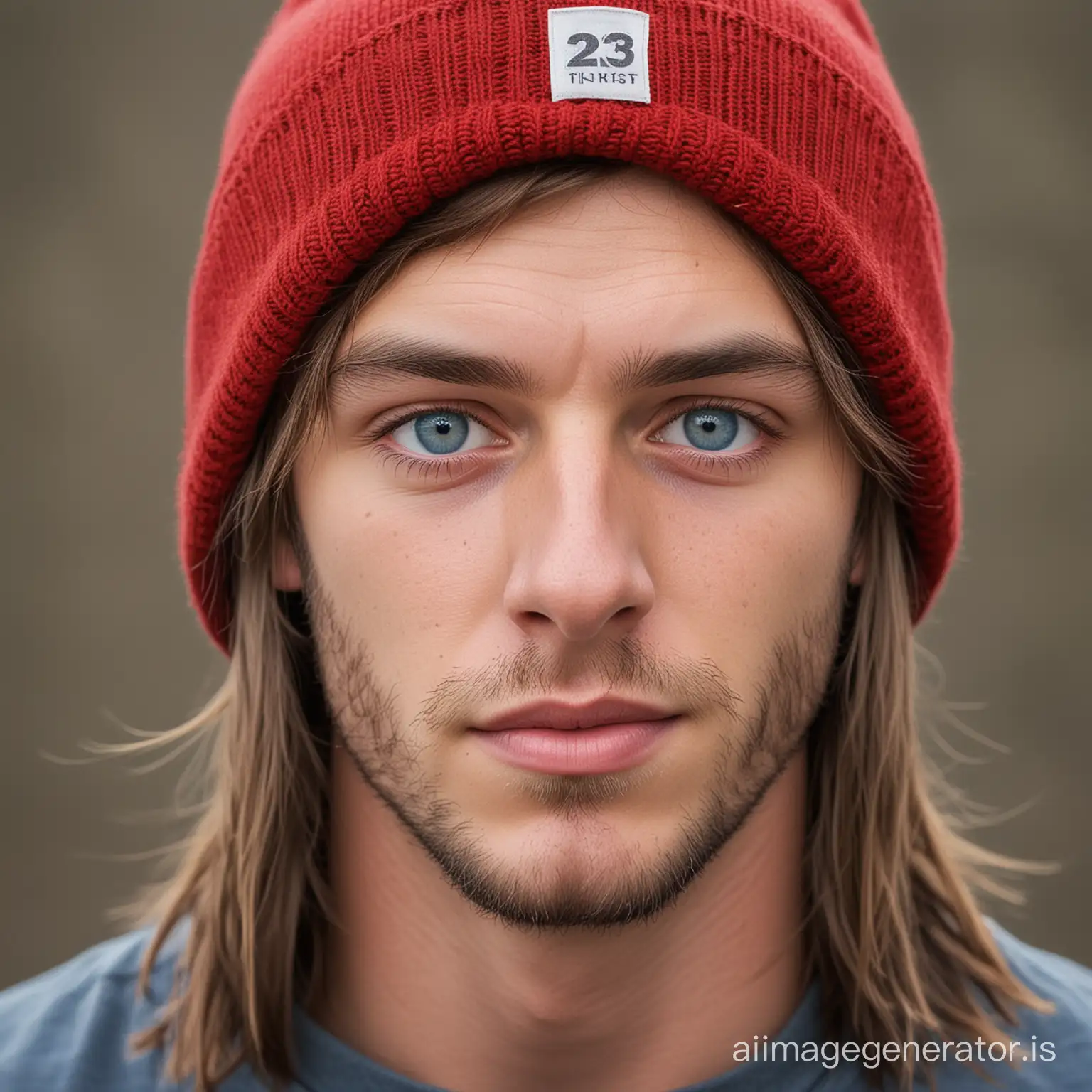 blue eyes 23 year old man with a brown mid-long hair worn a red beanie