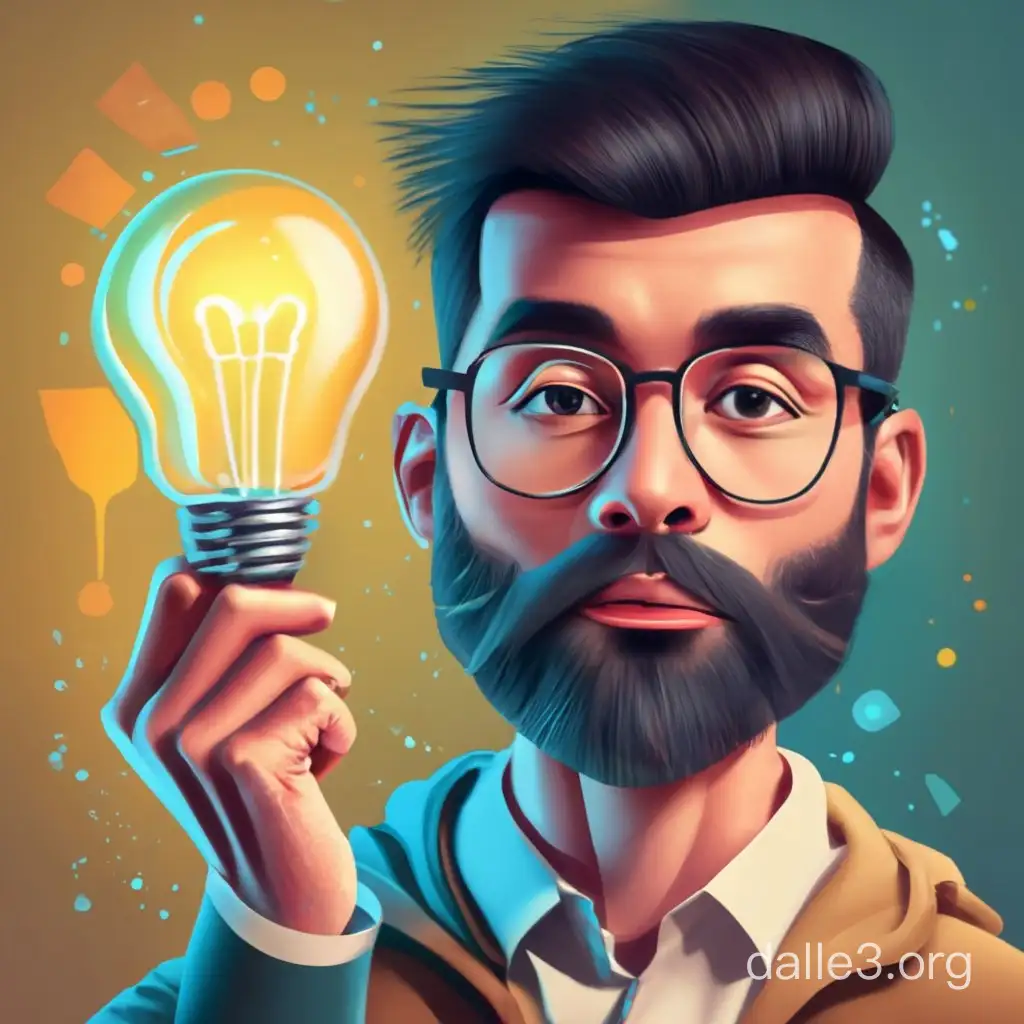 Create an avatar for the Telegram channel with interesting facts. A kind man with black hair and a beard, holding a light bulb on a yellow background. High level of detail. Realistic. kind